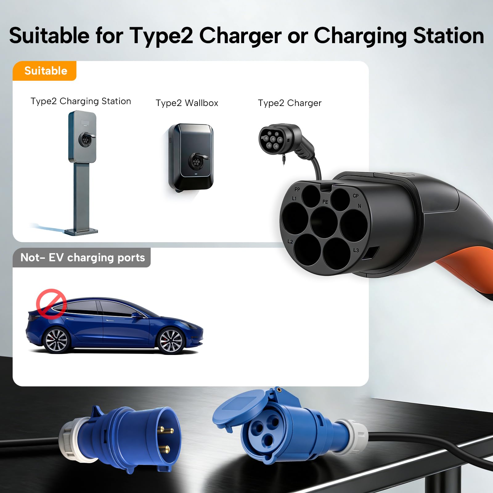 Adapter typu 2 na CEE, maks. 16 A, 3 m, kabel typu 2 na CEE do stacji ładowania lub Wallbox