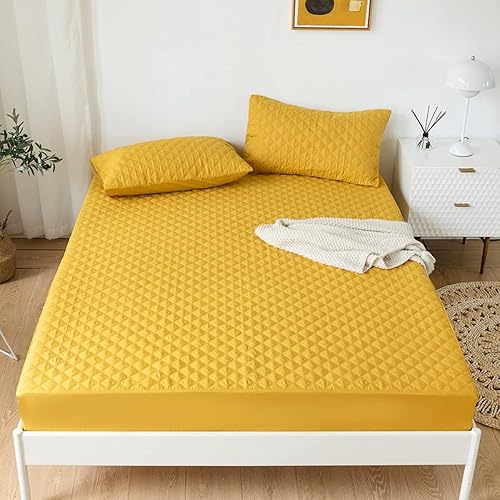 Protector de colchón acolchado amarillo, 100% impermeable, transpirable, ropa de cama matrimonial, protector de colchón de 14 pulgadas de