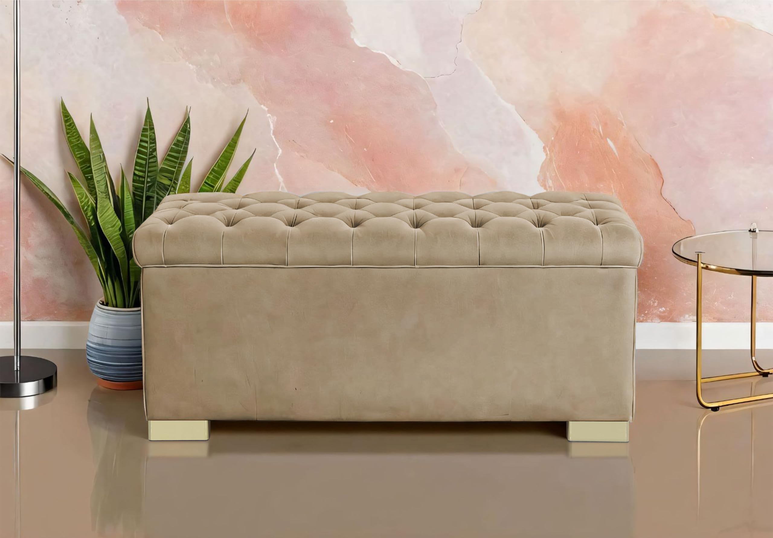 Adorn India Falcon Tufted 2 Seater Storage Ottoman Pouffe with Velvet Suede Fabric (Beige)-image-5