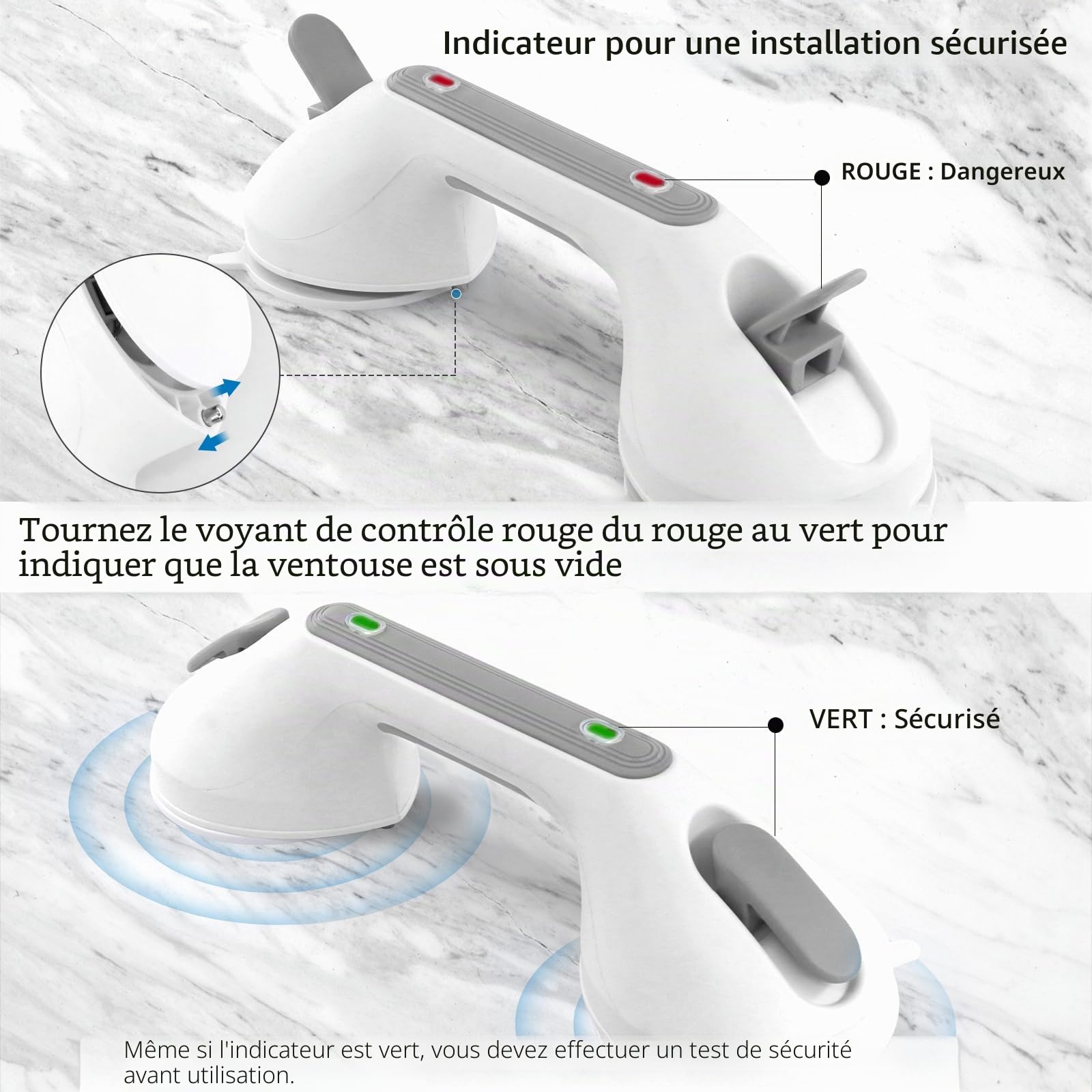 Newthinking Poignée Ventouse et Sécurité Salle de Bain, 30 cm, 2 pièces | Barre d'appui douche ventouse, antidérapant, indicateur succion, Barre WC, pour personnes âgées, handicapés, enfants
