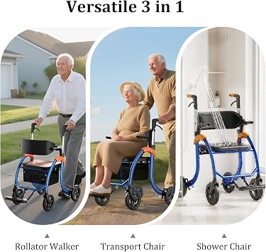 Lightweight Rollator Walker with Seat, Foldable Walker Wheelchair Combo