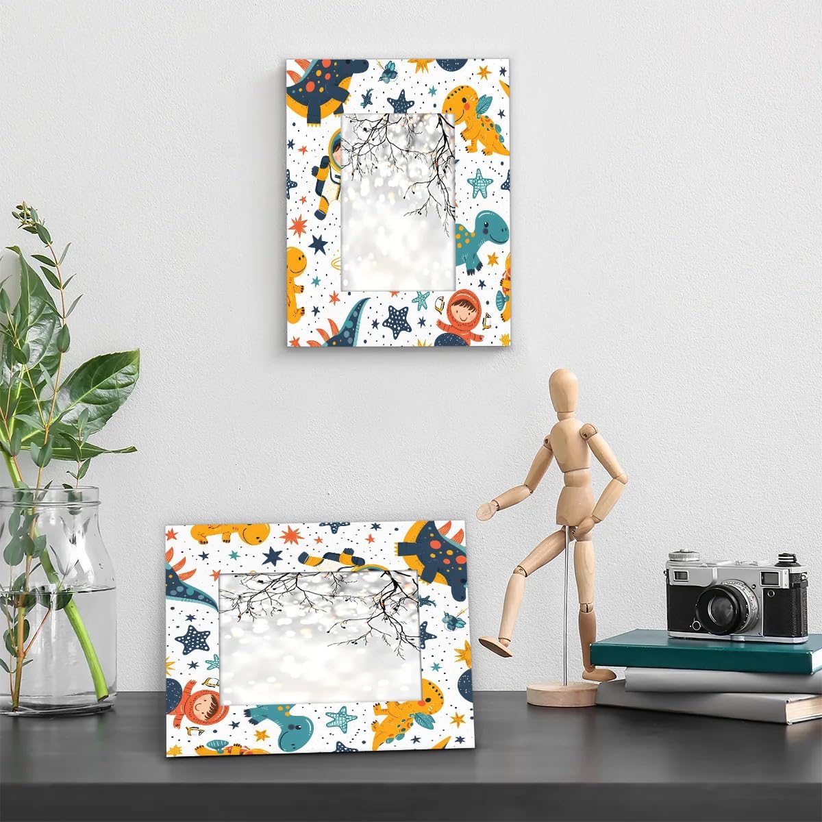 Dinosaur Planet 8x10 Picture Frame, Cute Dinosaur Space Wood Photo Frame for Wall or Tabletop Display Pictures 5x7 with Mat or 8x10 without Mat