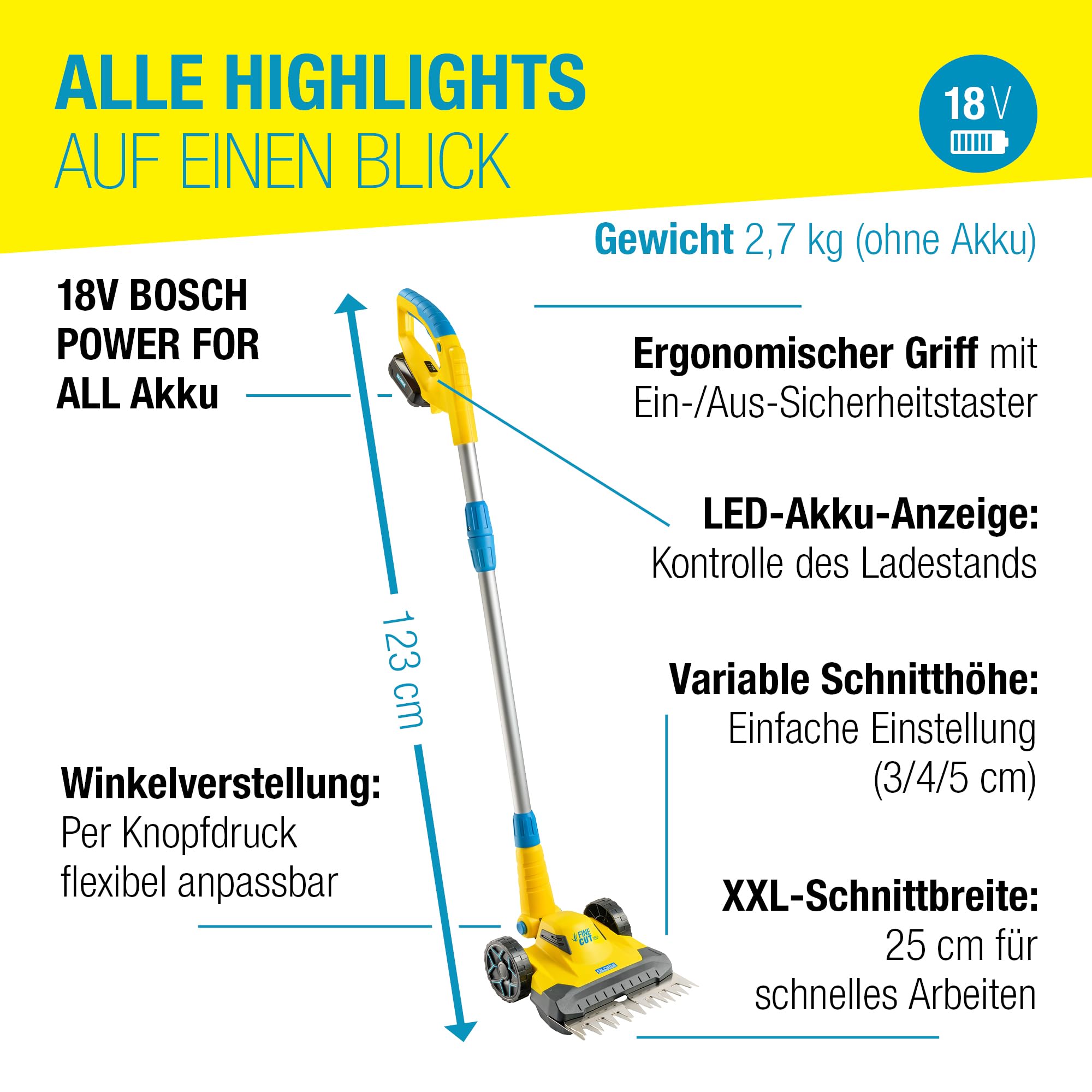 GLORIA FineCut 18V Set Coupe-Bordures et Tondeuse de Finition sans Fil avec Batterie et Chargeur Bosch 18V