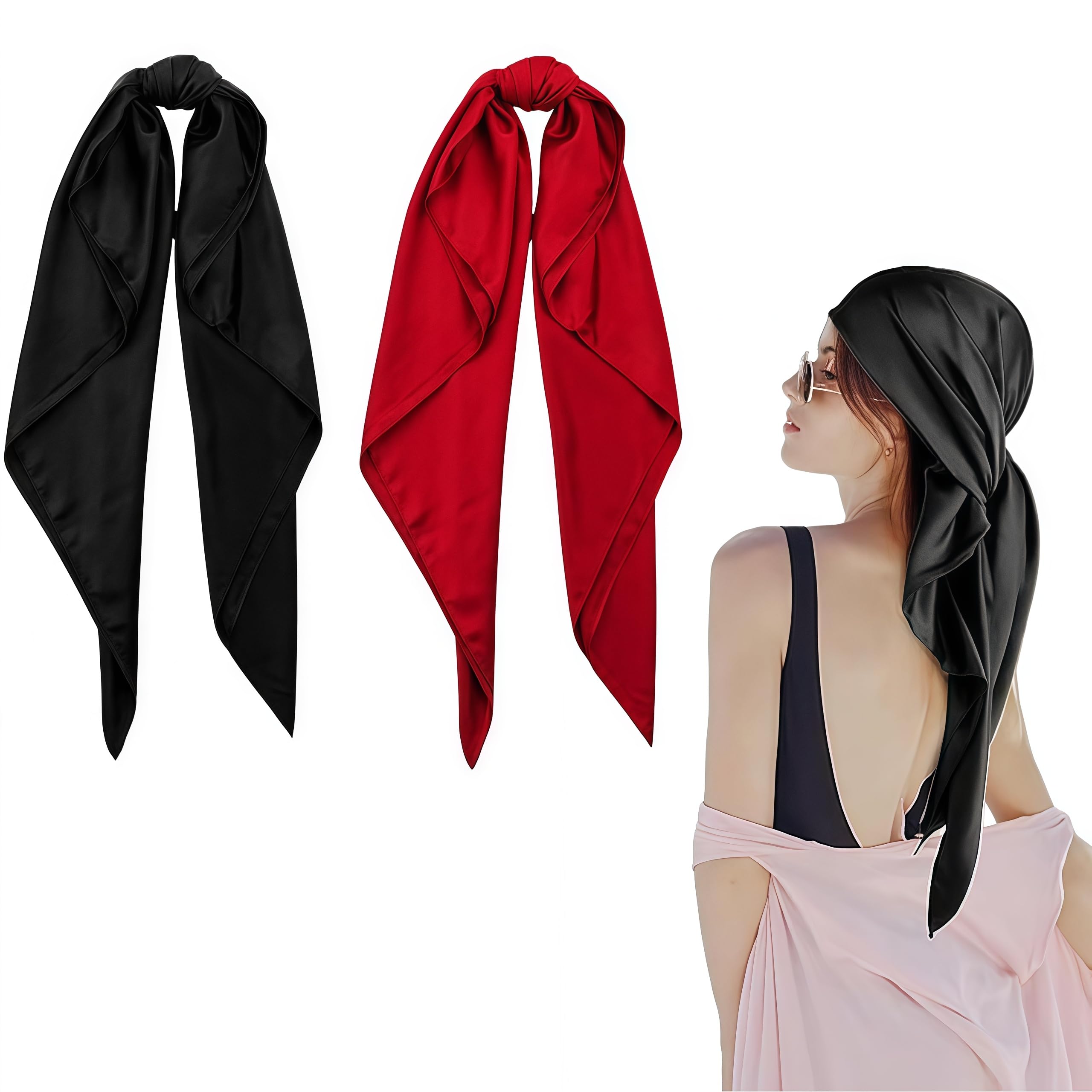 Sdxcjy Women's Red,Black 35" Large Square Satin Head Scarf,Silk Feeling ’S Black Hair Bandanas Scarves,Shiny Solid Color Head Scarves Sleeping Head Wraps (Red,Black)