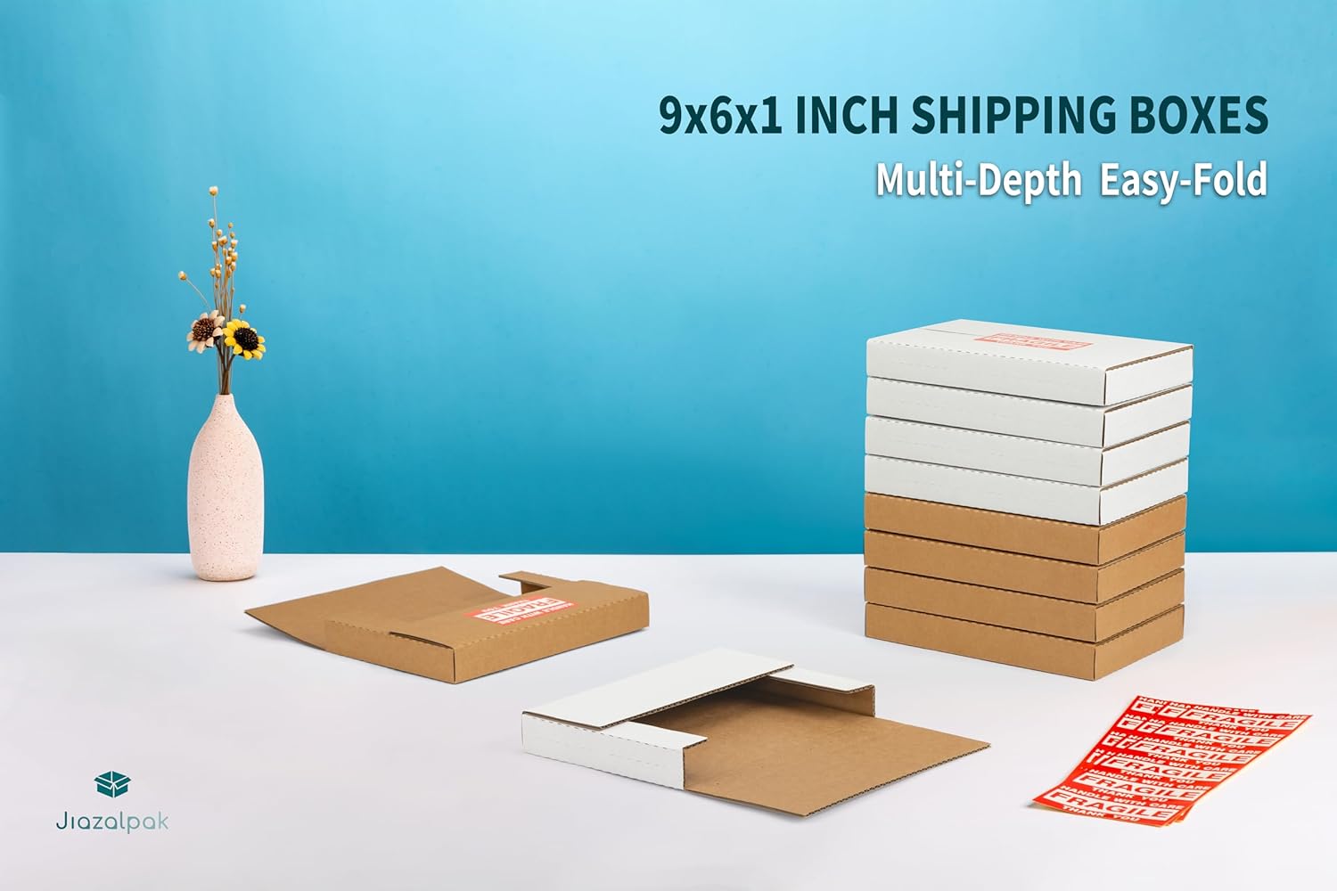 9x6x1 Inch Shipping Boxes, Brown Corrugated Cardboard, Multi-Depth DVD Mailer Boxes with Fragile Stickers, 25 Pack