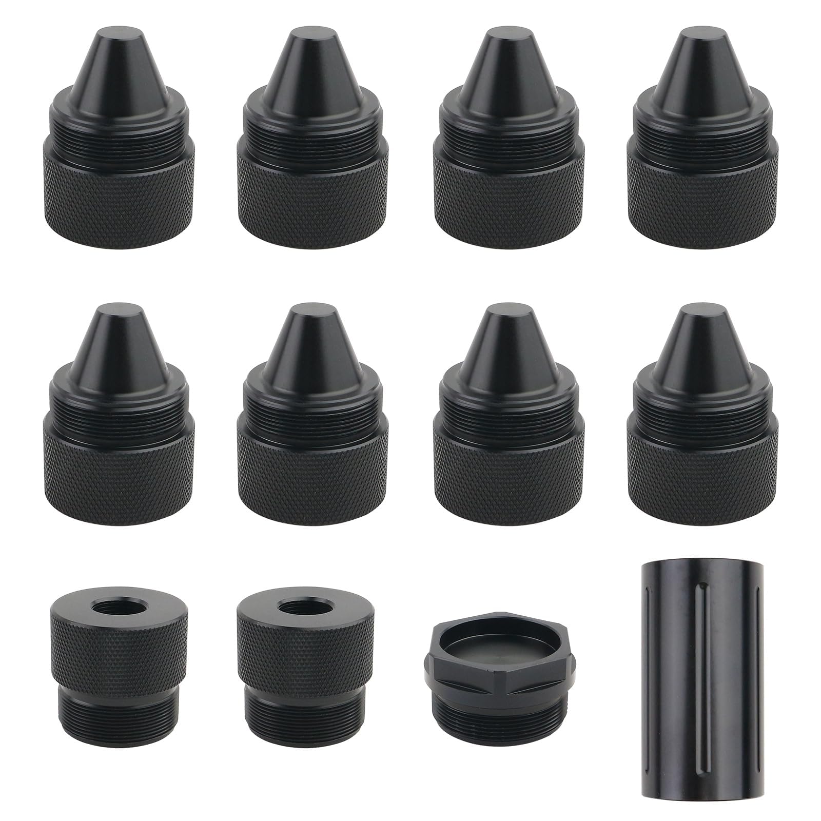 Paquete de 12 piezas de aleación de aluminio con forma de cono negro | Compatible con Kenworth Peterbilt Volvo Freightliner Mack International Trucks
