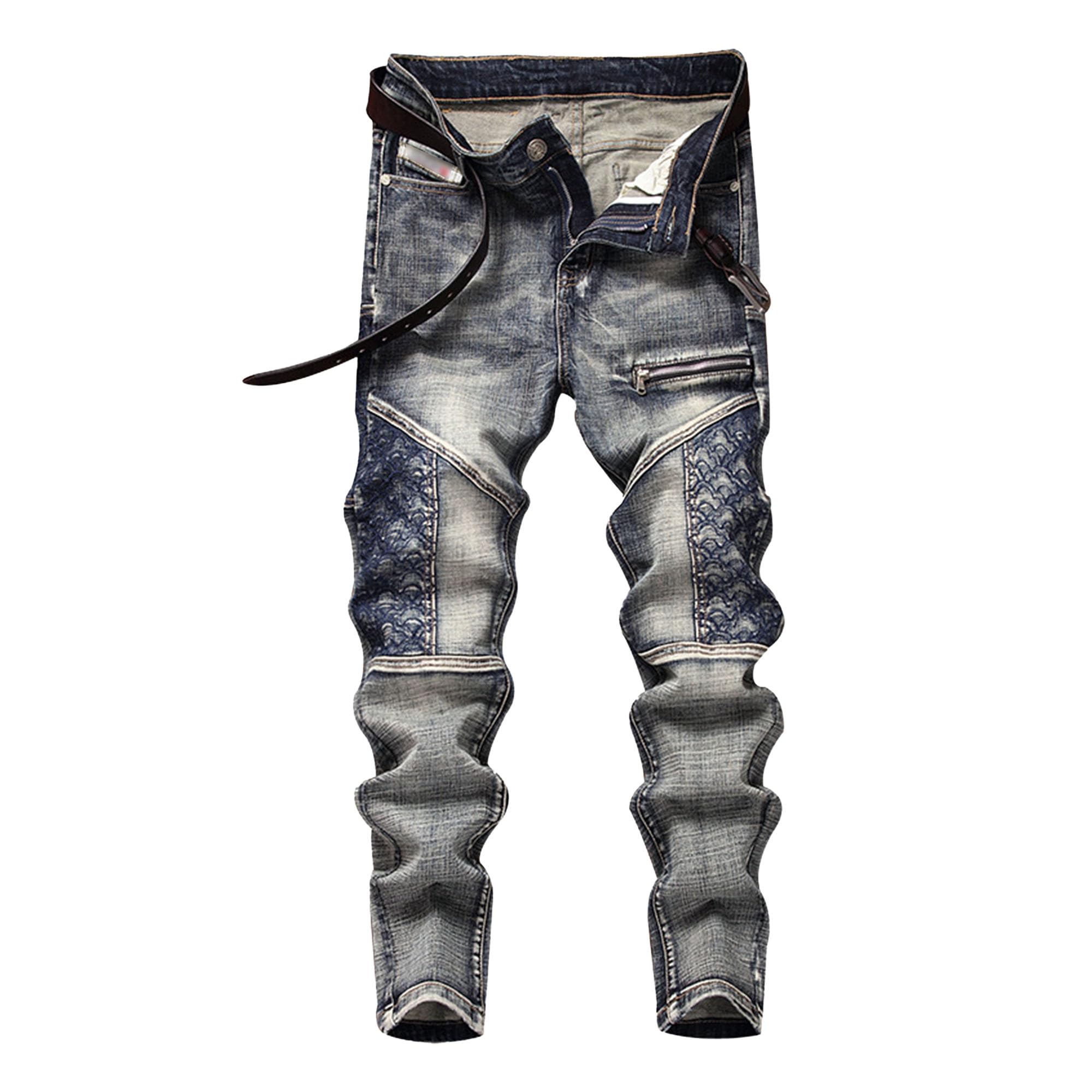 Jeans zippés Patch pour hommes : pantalon denim skinny imprimé de style motard - 8