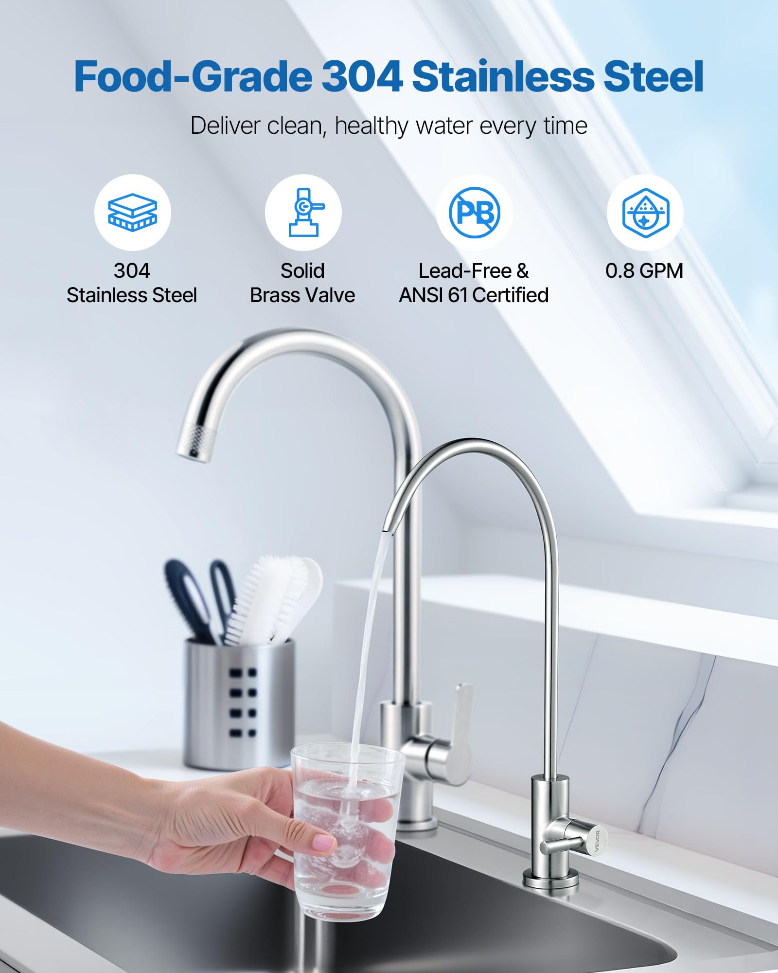 VEVOR Robinet d'eau potable sans plomb en acier inoxydable, robinet à osmose inverse avec valve en laiton massif, filtrée à arc élevé, pour évier cuisine, comptoir de bar, café, couleur nickel brossé