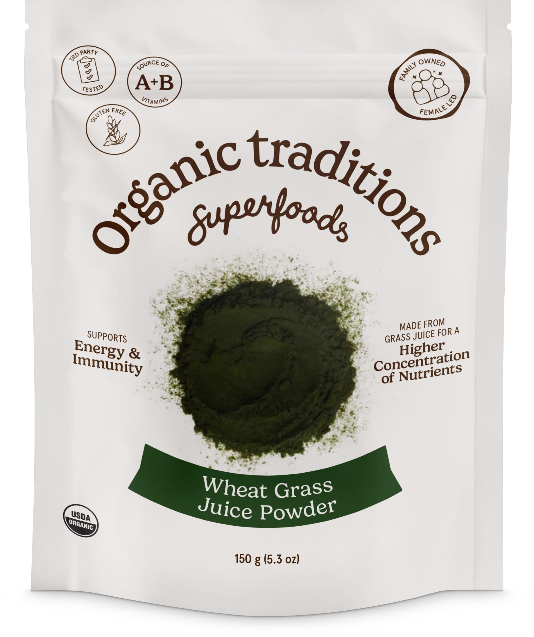 Organic Traditions Organic Wheat Grass Powder, Gluten Free Wheat Grass, Vegan Non-GMO Organic Wheatgrass Juice Powder Superfood, 5.3oz (150g) Bag, 18 Servings per Bag