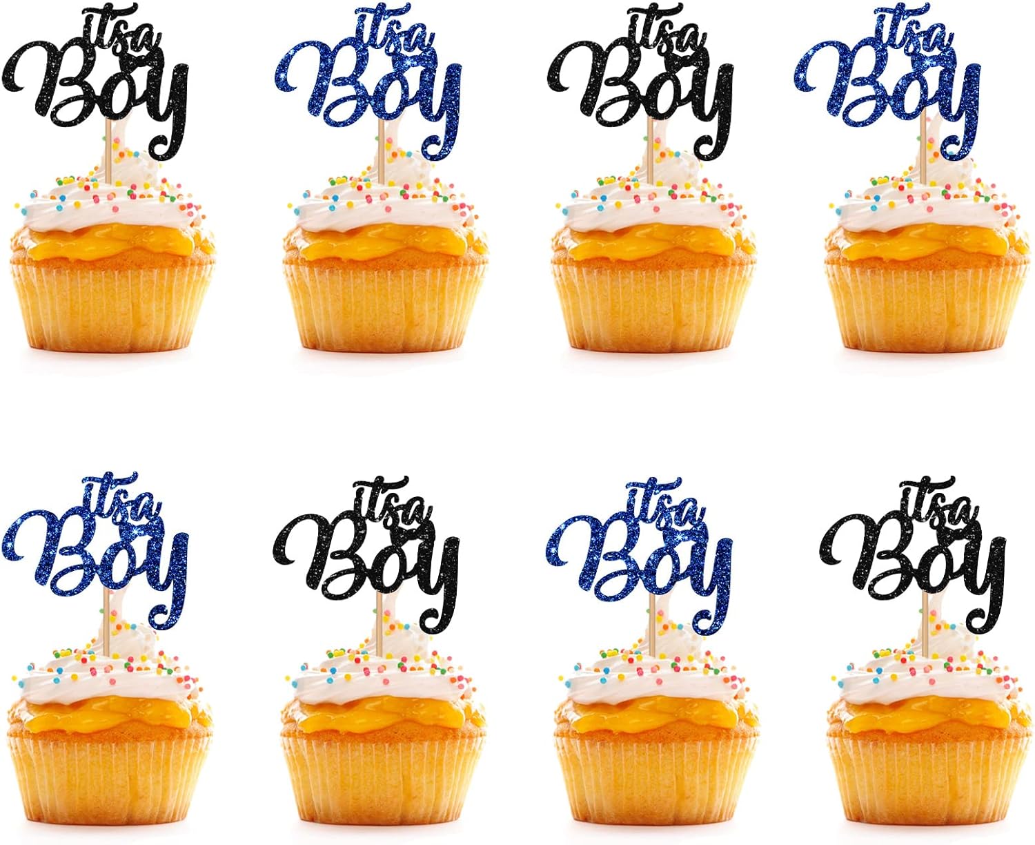It's A Boy Cupcake Toppers, Blue & Black Glitter Baby
