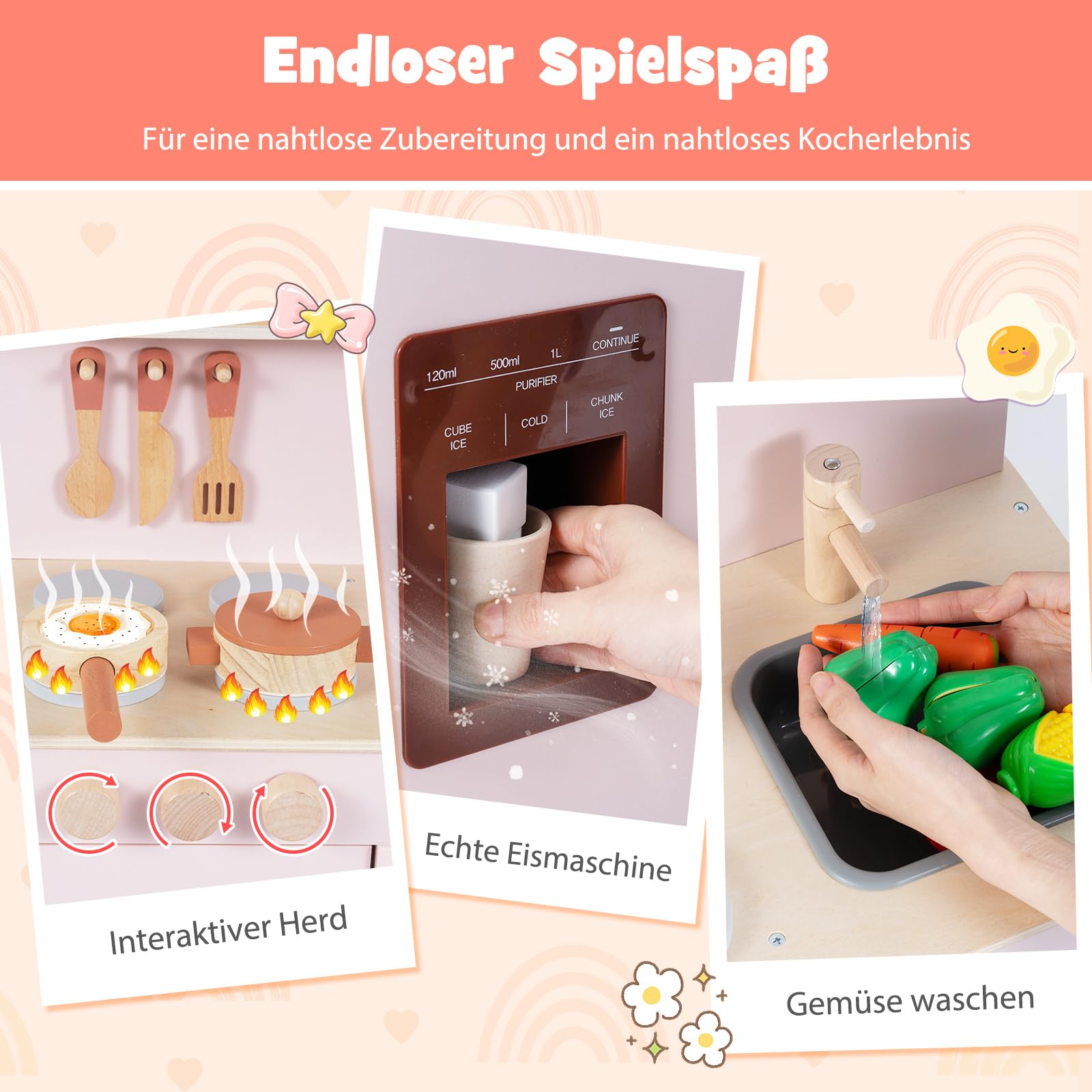 COSTWAY Kinderküche, Kinder Spielküche inkl. Zubehör mit Herd, Wasserspüle & Eismaschine, Spielzeugküche mit Stauraum, Holzküche für Jungen & Mädchen ab 2 Jahren (Rosa)
