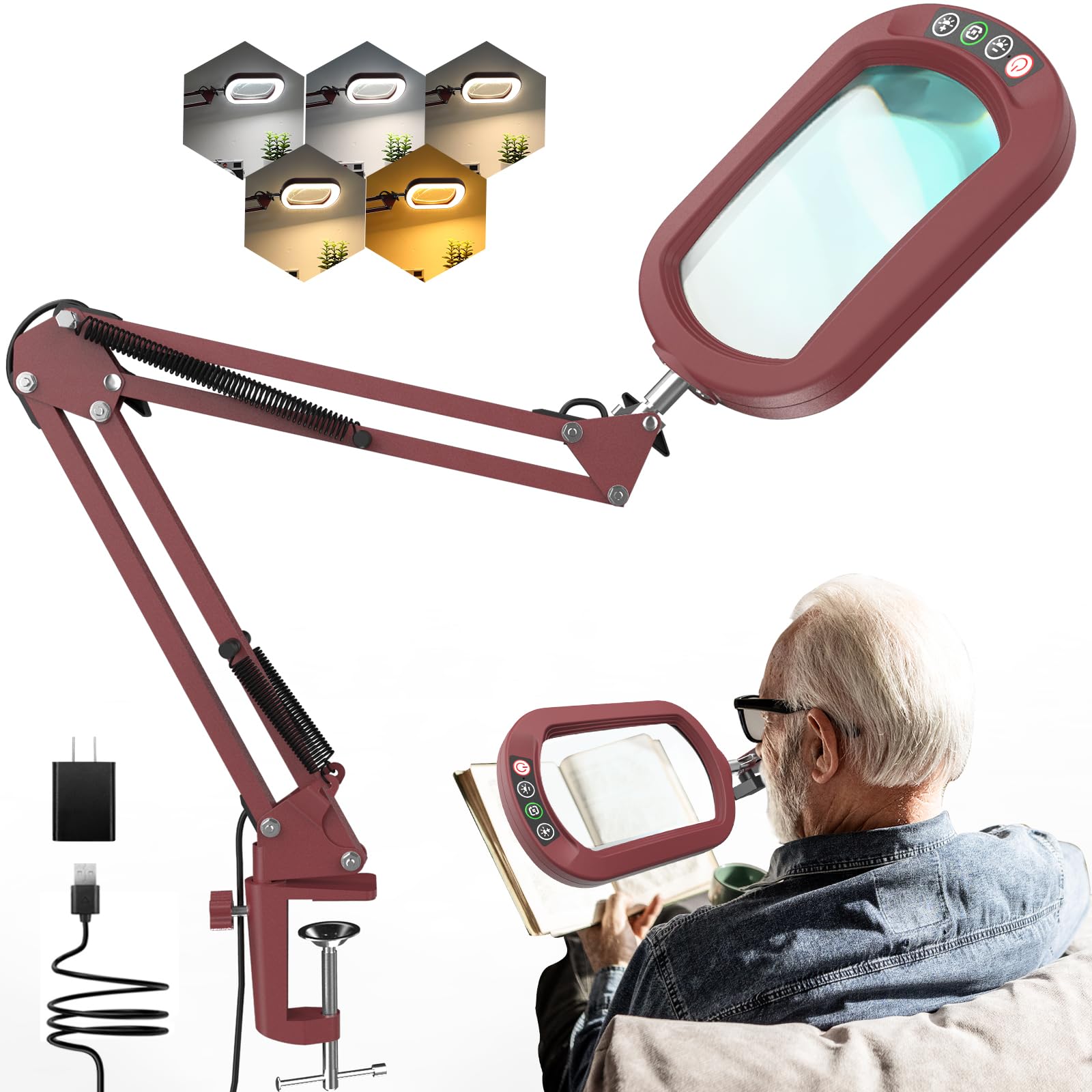 10 lupas con luz y abrazadera, cristal auténtico, lupa de iluminación con soporte de cristal, 5 modos de color y regulable sin niveles, lámpara de escritorio LED, manos libres, para manualidades
