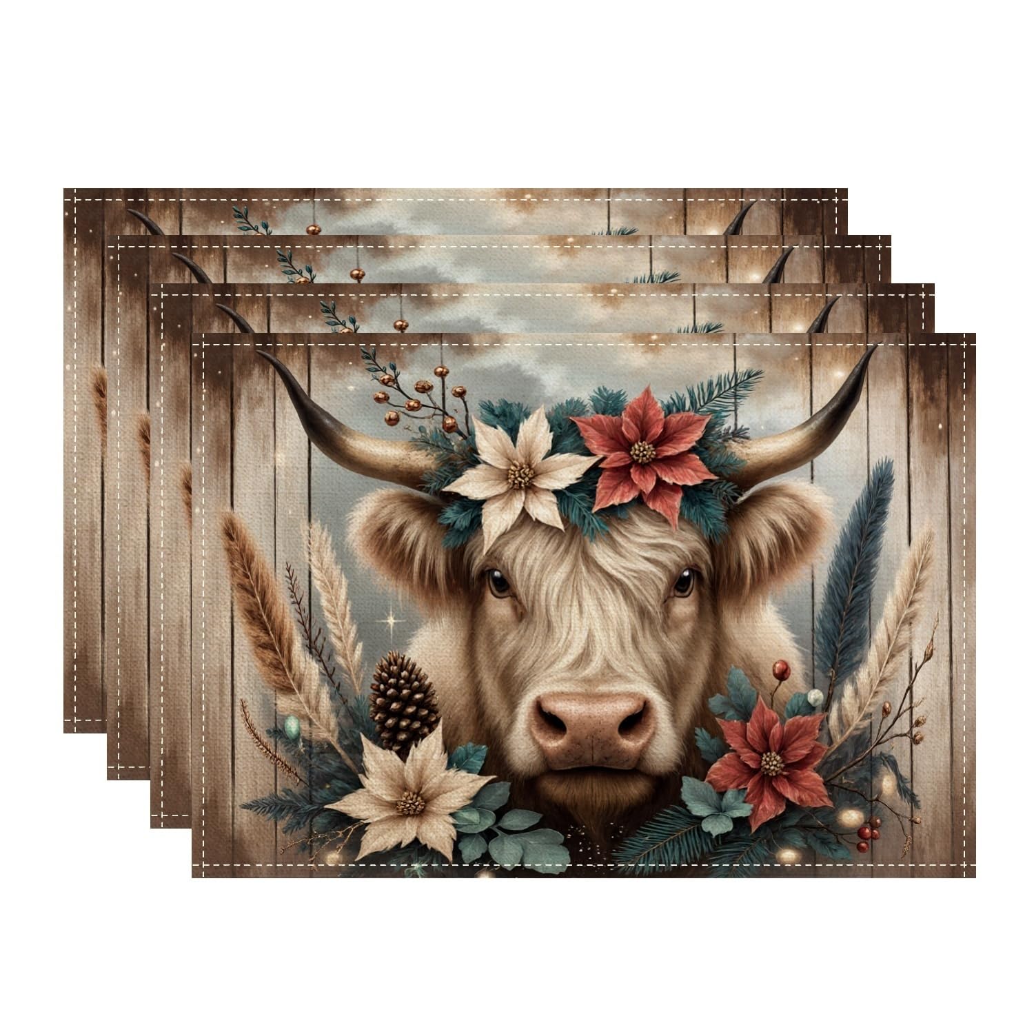 Rustic Cow Placemats, Floral Farmhouse Place mats for Dining Table, Autumn Winter Holiday Non-Slip Washable Indoor Outdoor Kitchen Party Decorative Placemat Set of 4