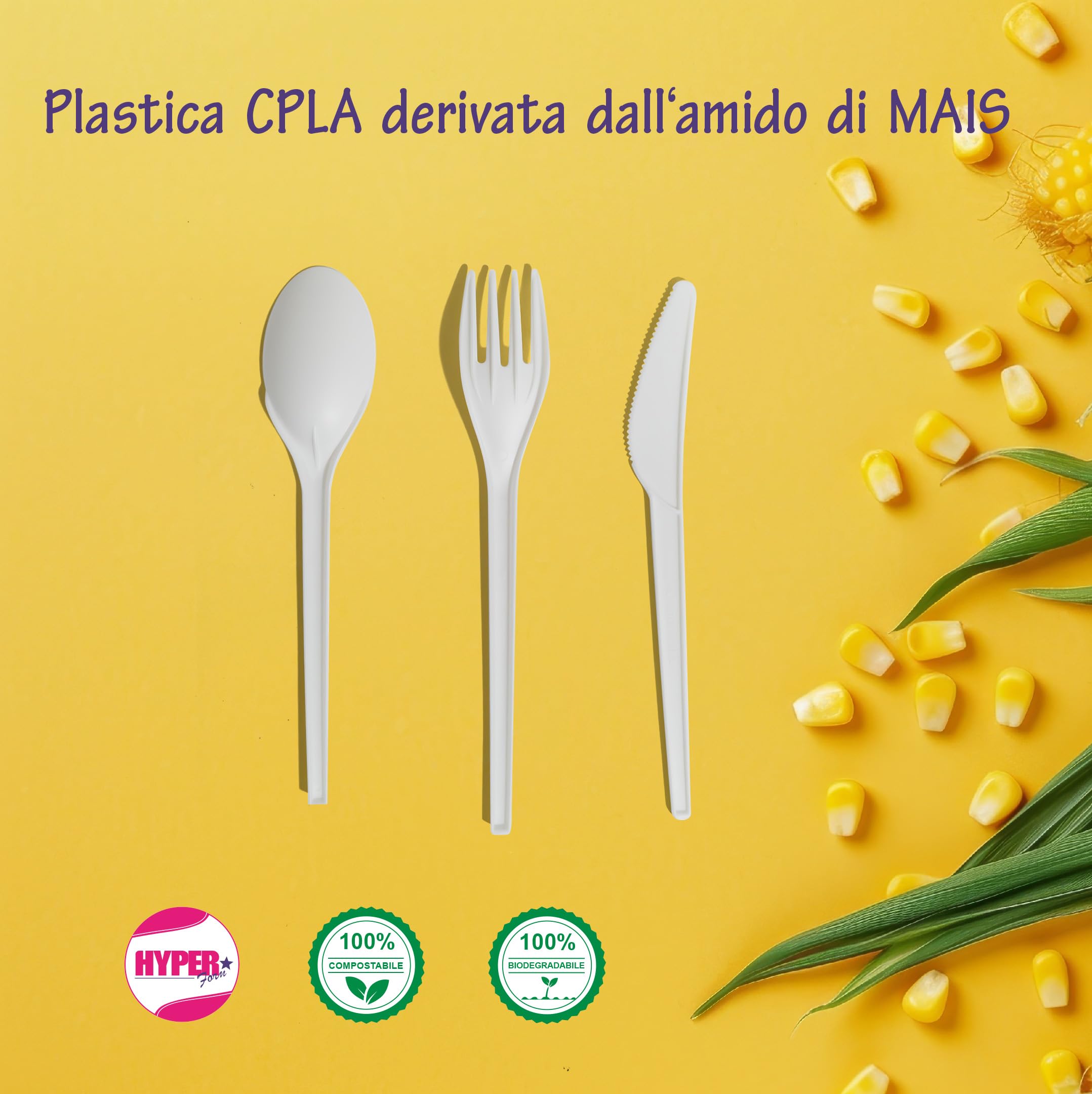 HYPER form Set Posate Biodegradabili e Compostabili Tris Forchetta Coltello Cucchiaio e Tovagliolo 100 Pezzi