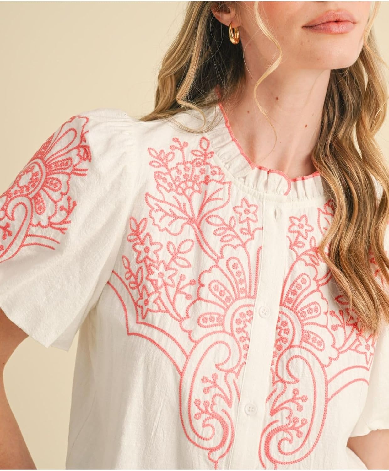 Womens Floral Embroidered Button Down Bubble Sleeve Top High Ruffled Neckline Blouses Shirts - Image 4