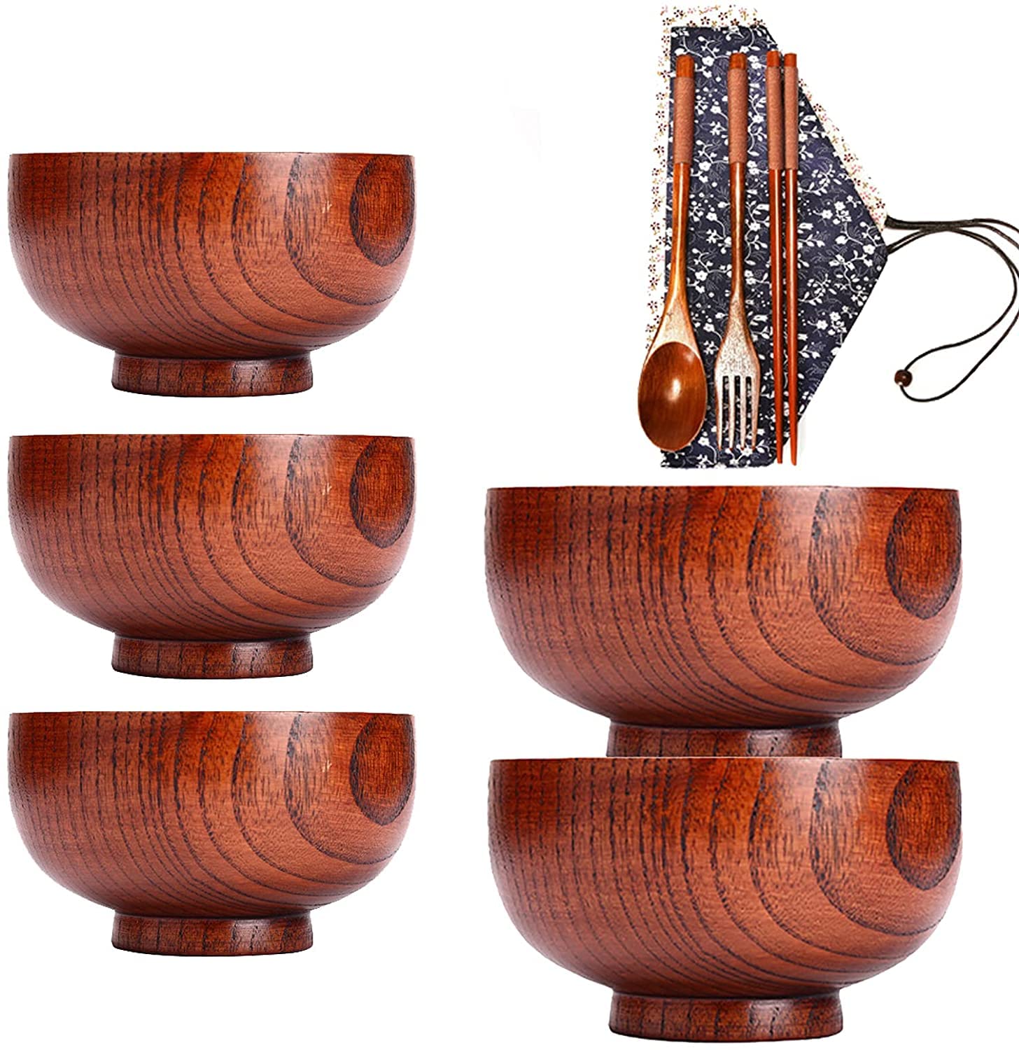 WOTZOV Bowl Household Rice Bowl Ramen Bowl Tableware Jujube Wood Salad Bowl Set, Wooden Salad Bowls With Wooden Cutlery Set, Large Wood Bowl For Food, Fruits, Salads And Decoration，Brown 5PACK