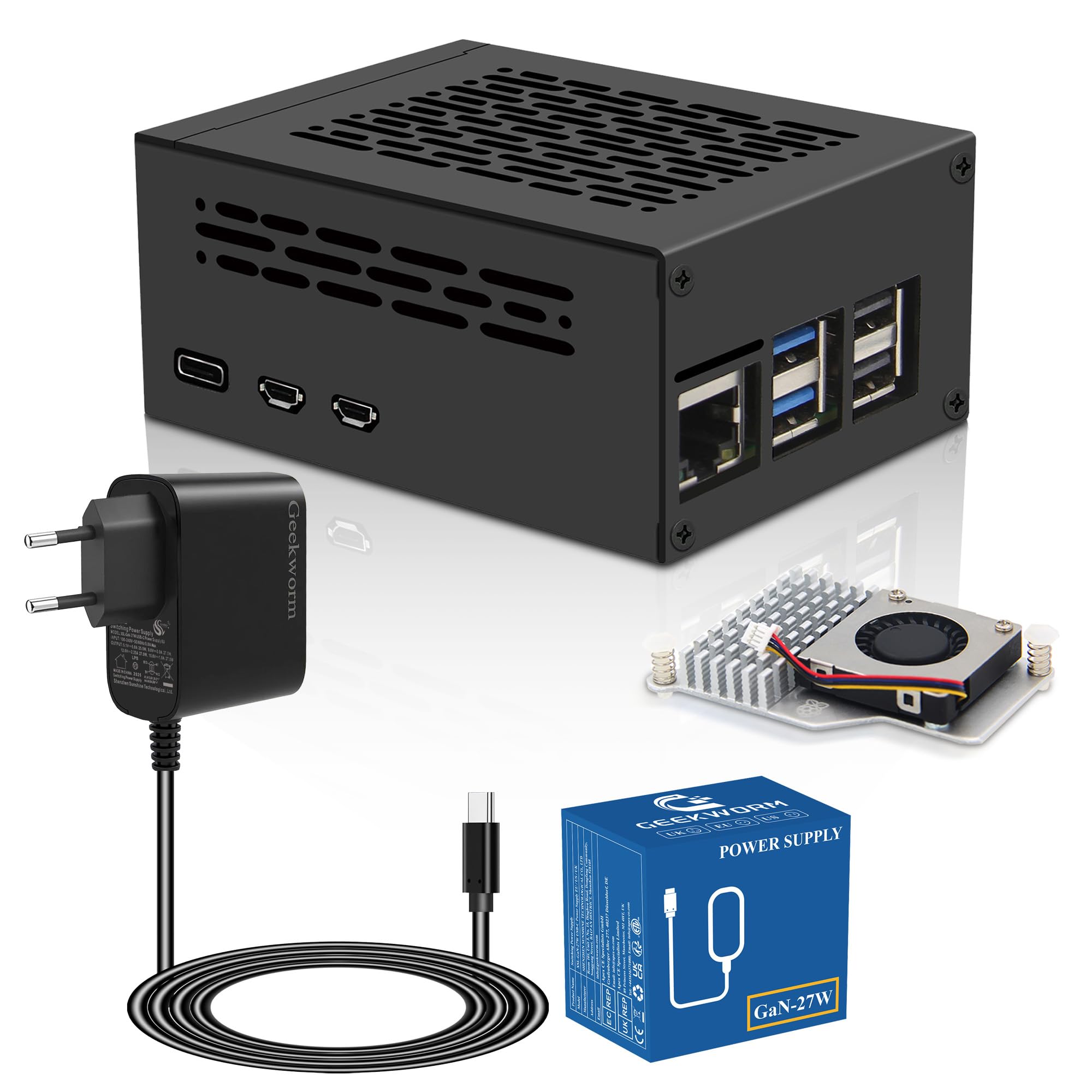 Geekworm Raspberry Pi 5 Metal Case with Official Active Cooler and PD 27W 5.1V 5A Power Adapter Support TOP PCIe to NVMe Shield X1001/X1000/X1003/X1004
