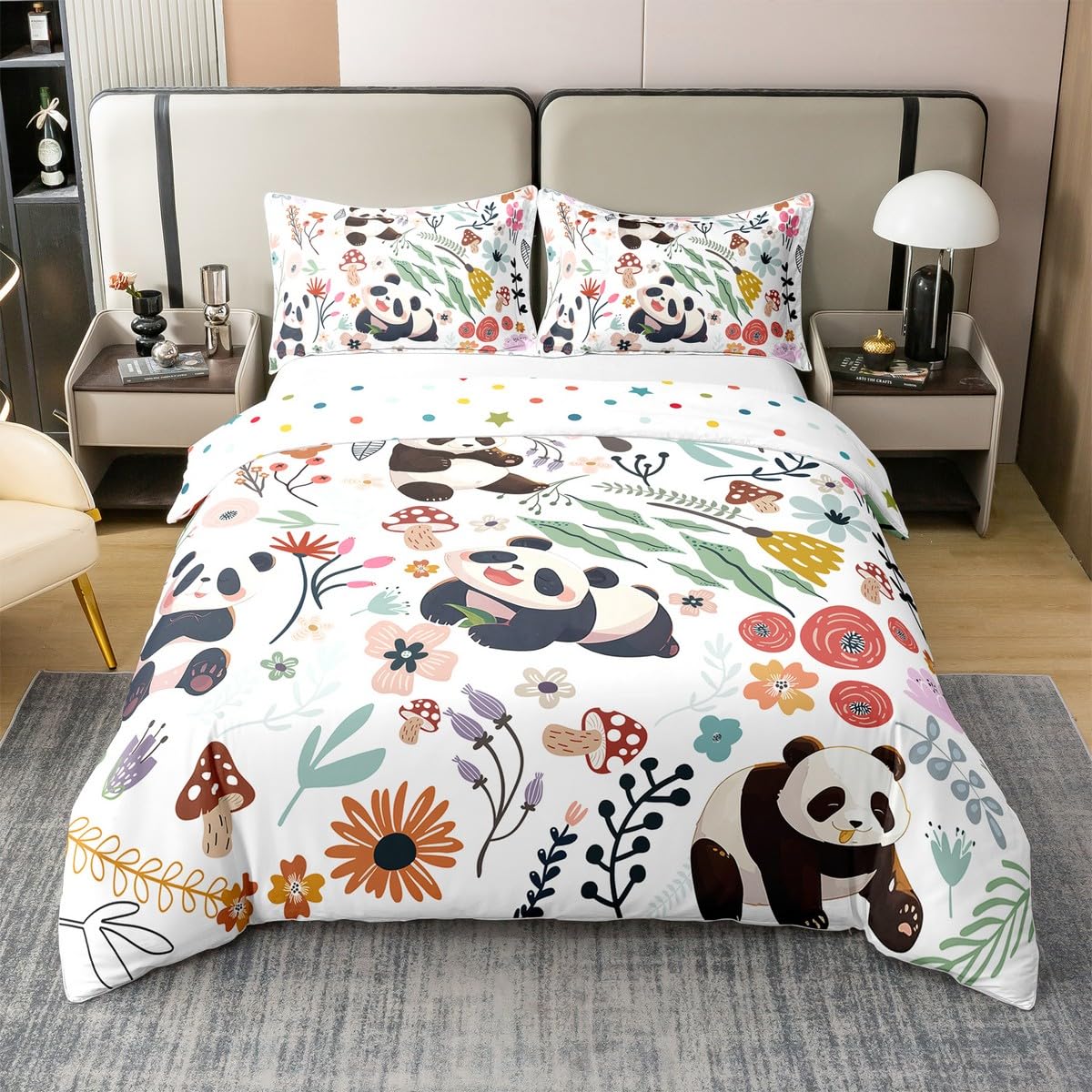 Homewish Housse de Couette Panda Coton pour Hommes Femmes,Housse de Couette Kawaii Confort Ours Noir Blanc 220x240,Ensemble de Literie Feuille de Fleur,Ensemble de Linge de Lit Végétal,Respirant