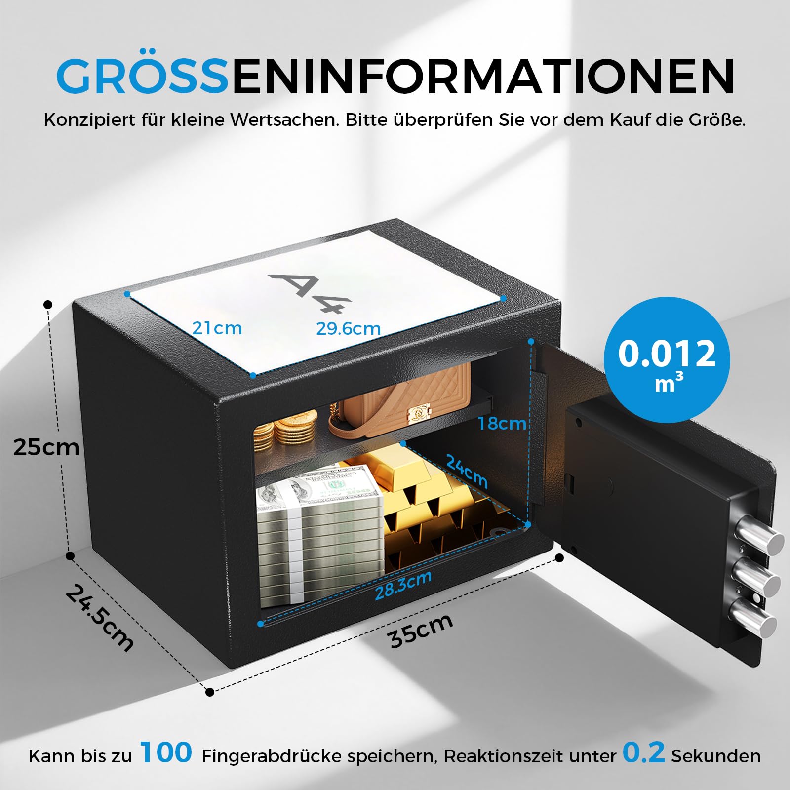 GTPLAYER Tresor für Zuhause, Feuerfester Wasserdichter Mini Sicherheitstresor mit Fingerabdruck, Zahlencode, Notschlüssel & Alarmfunktion – Elektronische Verriegelung für Bargeld Dokumente (12L)