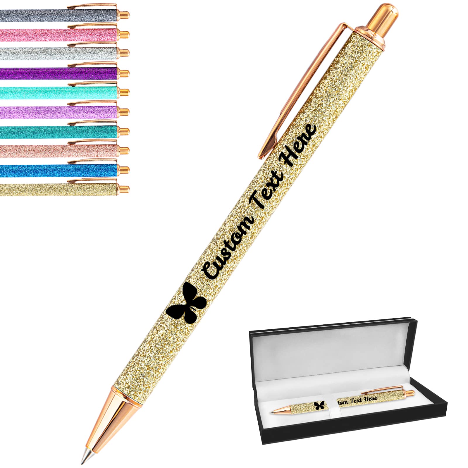 Aolun Personalised Pens with Name Custom Glitter Pen Bulk Customised Retractable Ballpoint Pens with Text Message for Women Nurses Writing Birthday Business Graduation_Black Ink — image 1