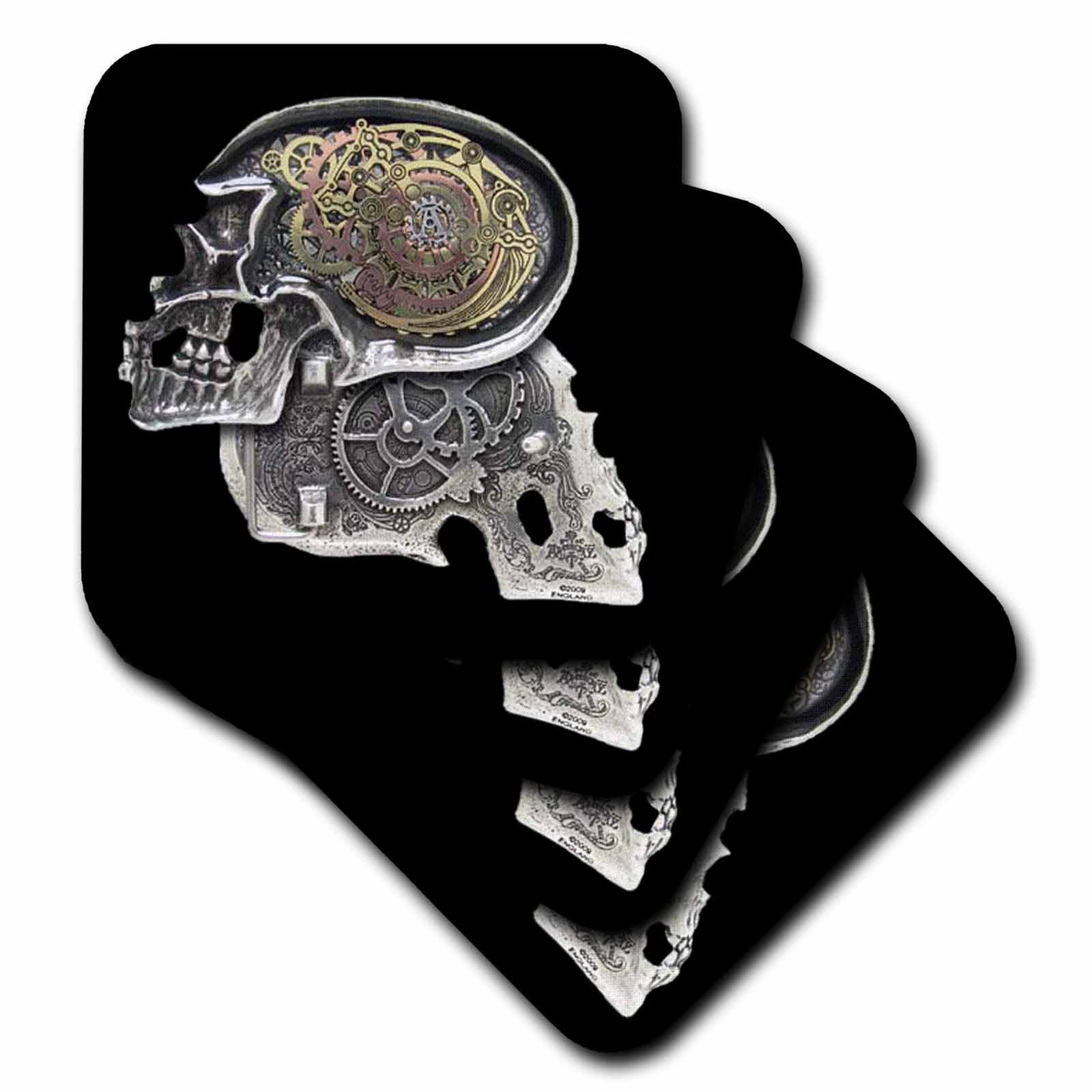 3dRose cst_102675_3 Steampunk Gothic Faux Metal Skull Image-Ceramic Tile Coasters, Set of 4