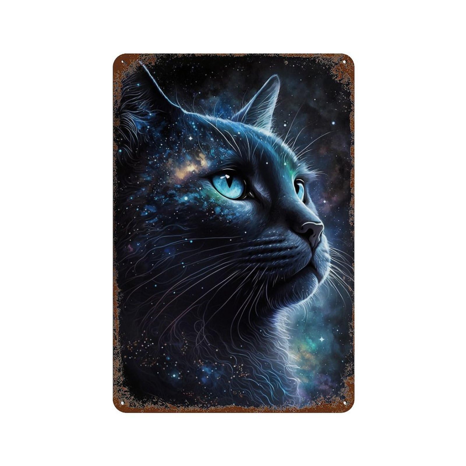 Distressed Metal Wall Sign with Cosmic Cat Portrait Print Design 11.8"x7.9", for Cafe, Home Bar And Lounge Decor, Retro Wall Decor