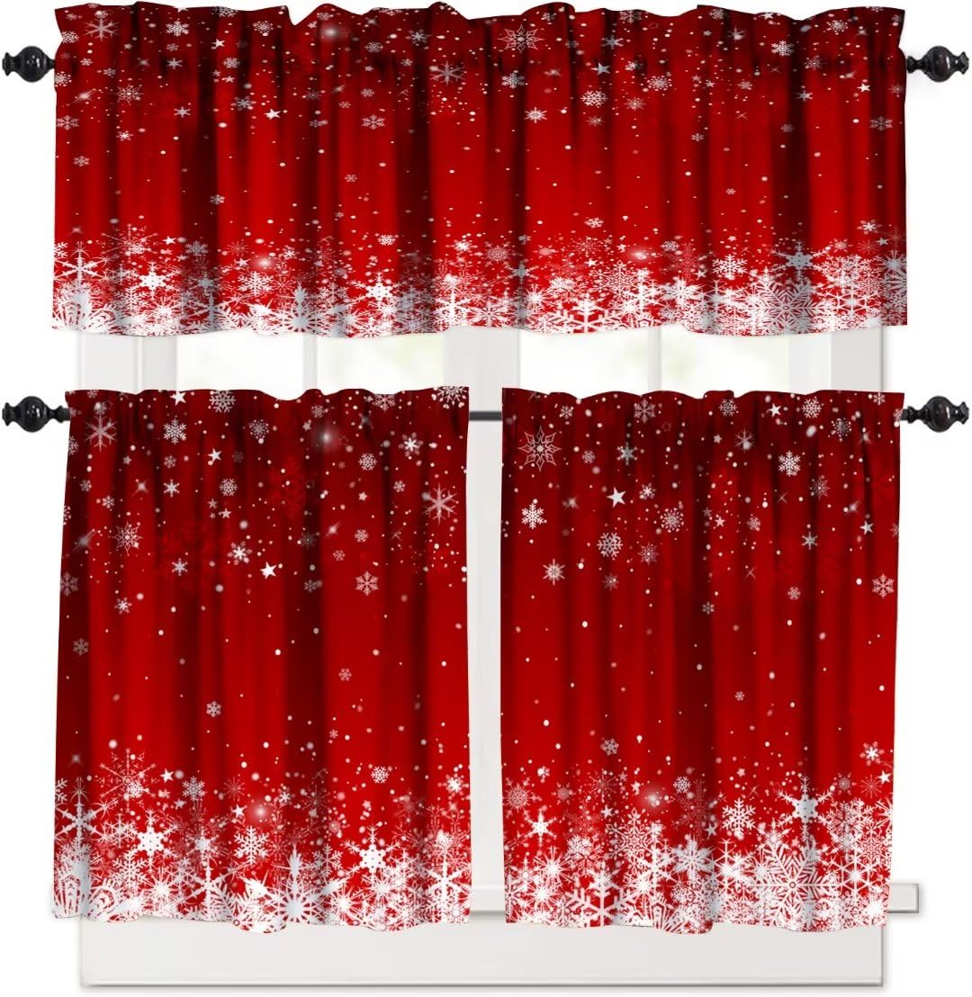 SHElifestyle Red Christmas Snowflakes Curtain Set, Merry Xmas Holiday Window Valances and Tier Set for Living Room Kitchen Home Décor 54'x18' & 27'x24