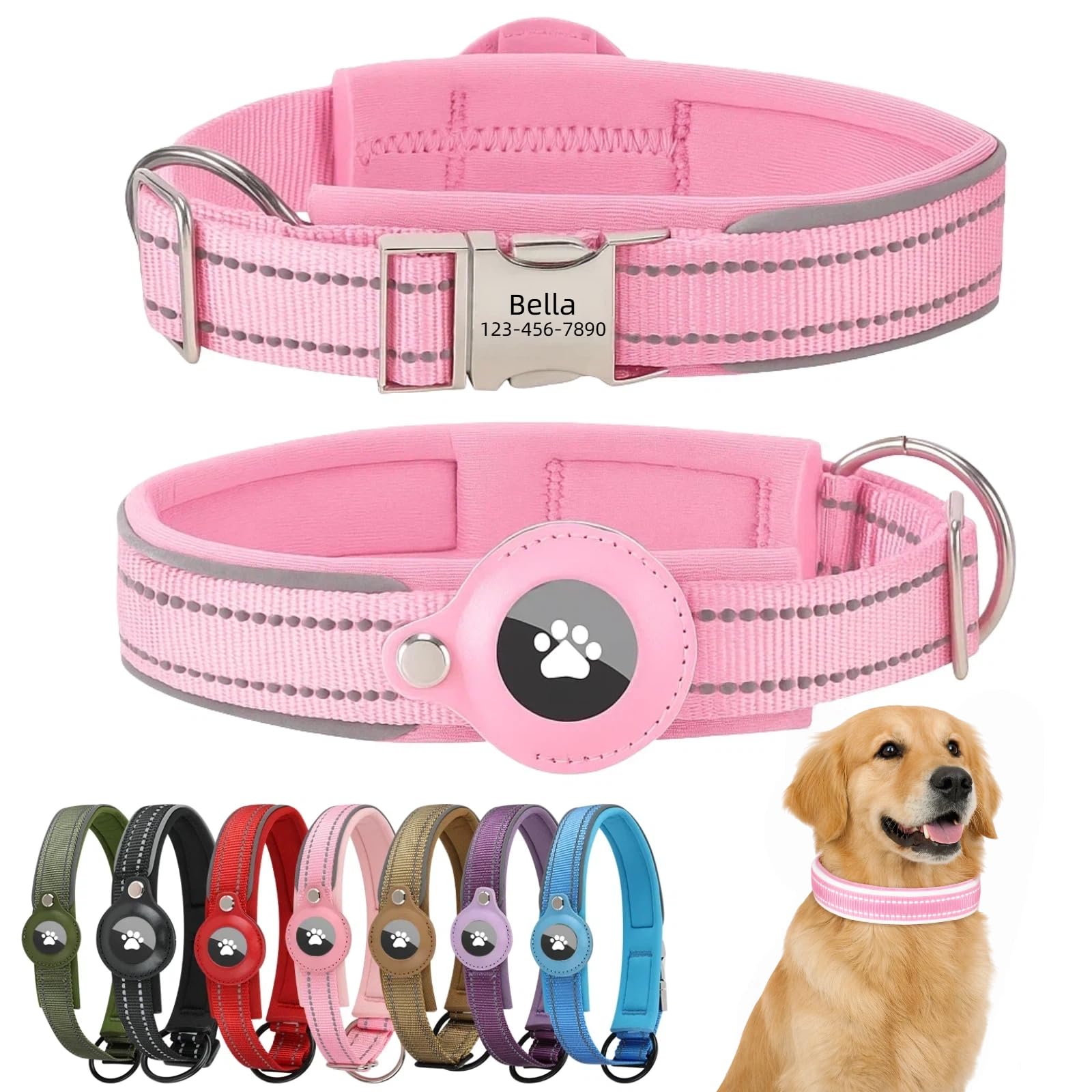Personalised Airtag Dog Collar with Engraved Name Plate Apple Airtag Holder Quick Release Metal Buckle Reflective Adjustable Soft Padded Nylon for Puppy and Small dogs (Pink, S)