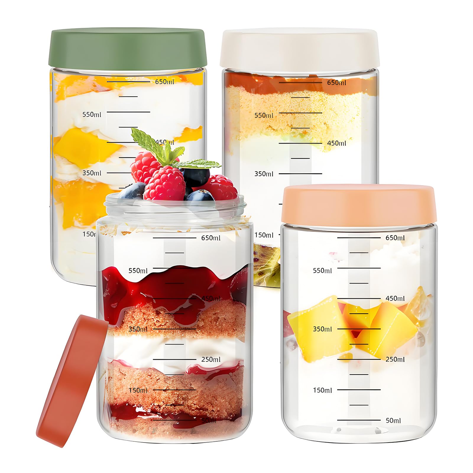 NCONCO Paquete de 4 tarros de vidrio multiusos de 750 ml con tapas, reutilizables a prueba de fugas, tarros de almacenamiento de alimentos con tapas para aperitivos, yogur, preparación de comidas