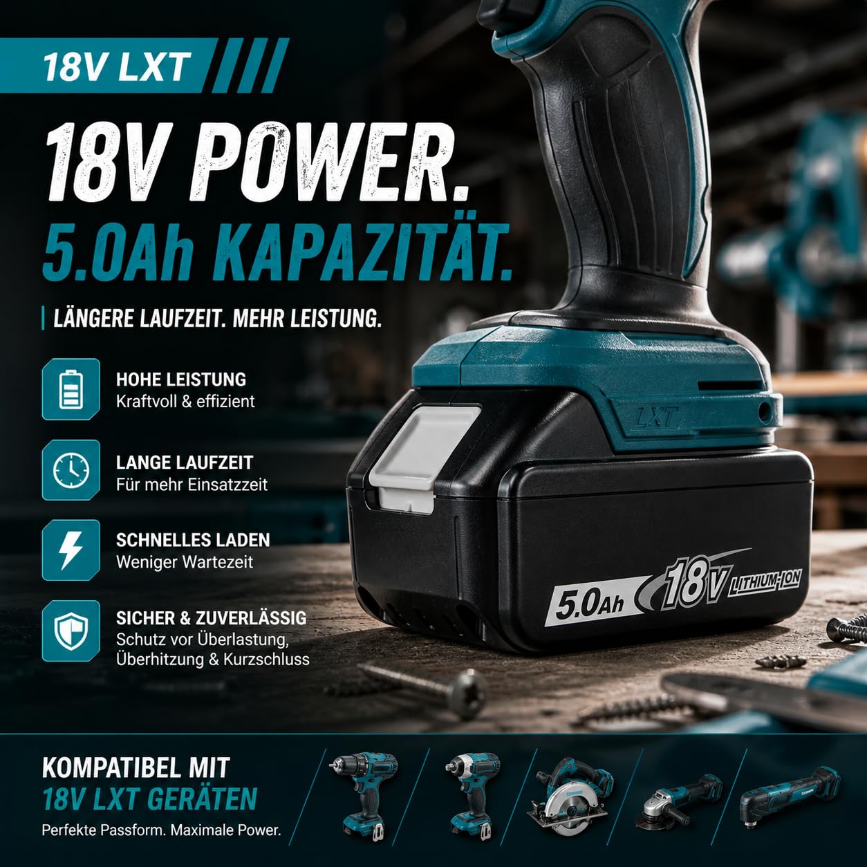18V 5.0Ah Akku kompatibel mit Makita LXT – BL1850B Li-Ion Ersatzakku mit LED Anzeige – Lange Laufzeit & Starke Leistung