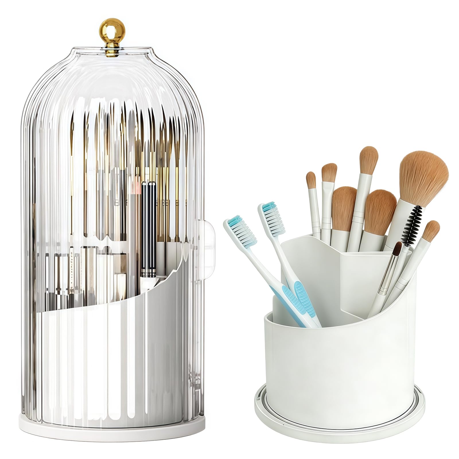 360° Rotating Toothbrush Holder with Lid, Makeup Organiser, 3 Slots Make Up Brush Holder, Bathroom Countertop Organizer for Storage Tooth Brush, Toothpaste, Makeup Brushes(White)