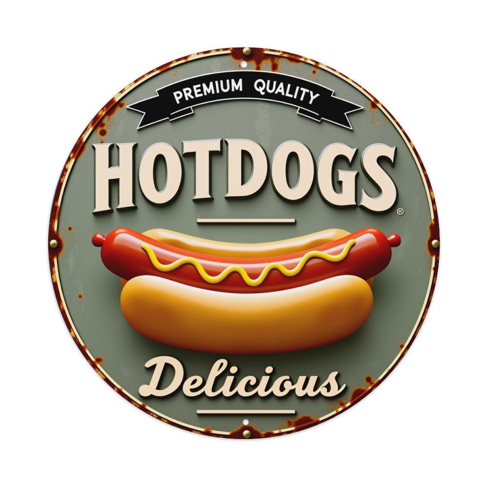 Wmlzdnwr Vintage Hotdog With Mustard On Bun Round Tin Sign,Retro Wall Art,Metal Poster For Home, Bar, Garage, Cafe, Rustic Indoor & Outdoor Decor, 8X8 Inches