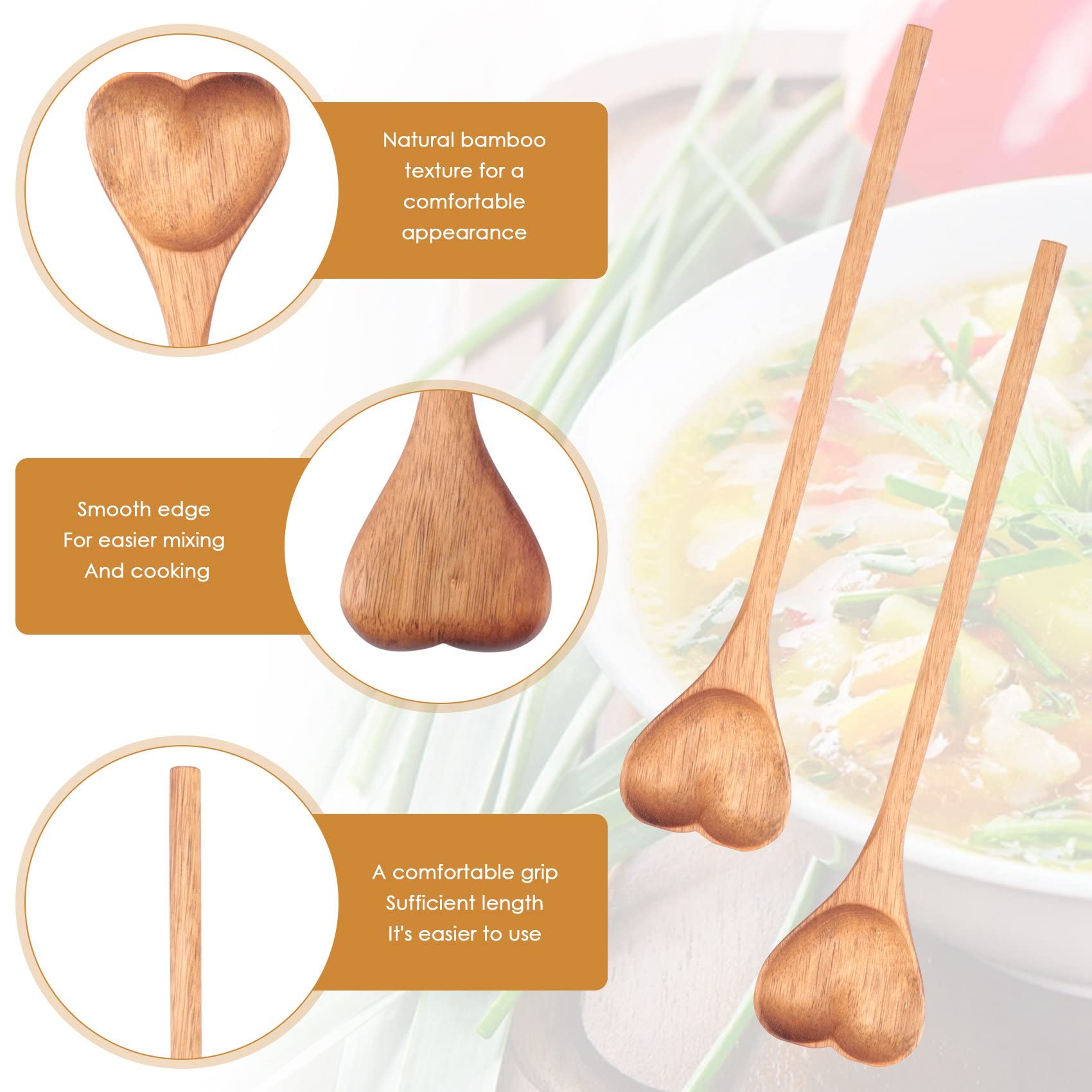 Zerodeko – 2 Cucchiai Di Legno A Forma Di Cuore, 25,5 Cm, Multifunzione Per Cucina, Dessert, Caffè, Eleganti Ed Ergonomici