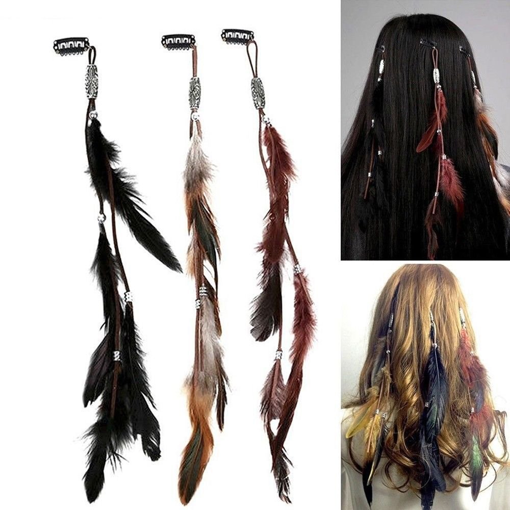 Feather Hair Clips Boho Headband Wig Beaded Feather Headdress Hair Extensions Handmade Hair Clip Girl Hair Accessories for Women Lady