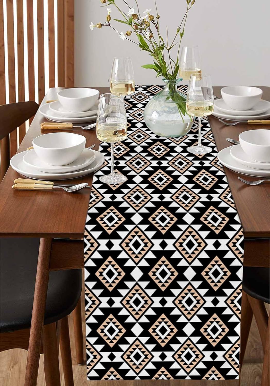 Boho Table Runner Black White Beige Ethnic Pattern Abstract Cotton Linen Table Runner 72 inches Long Tabletop Scarf Burlap Dining Table Decoration