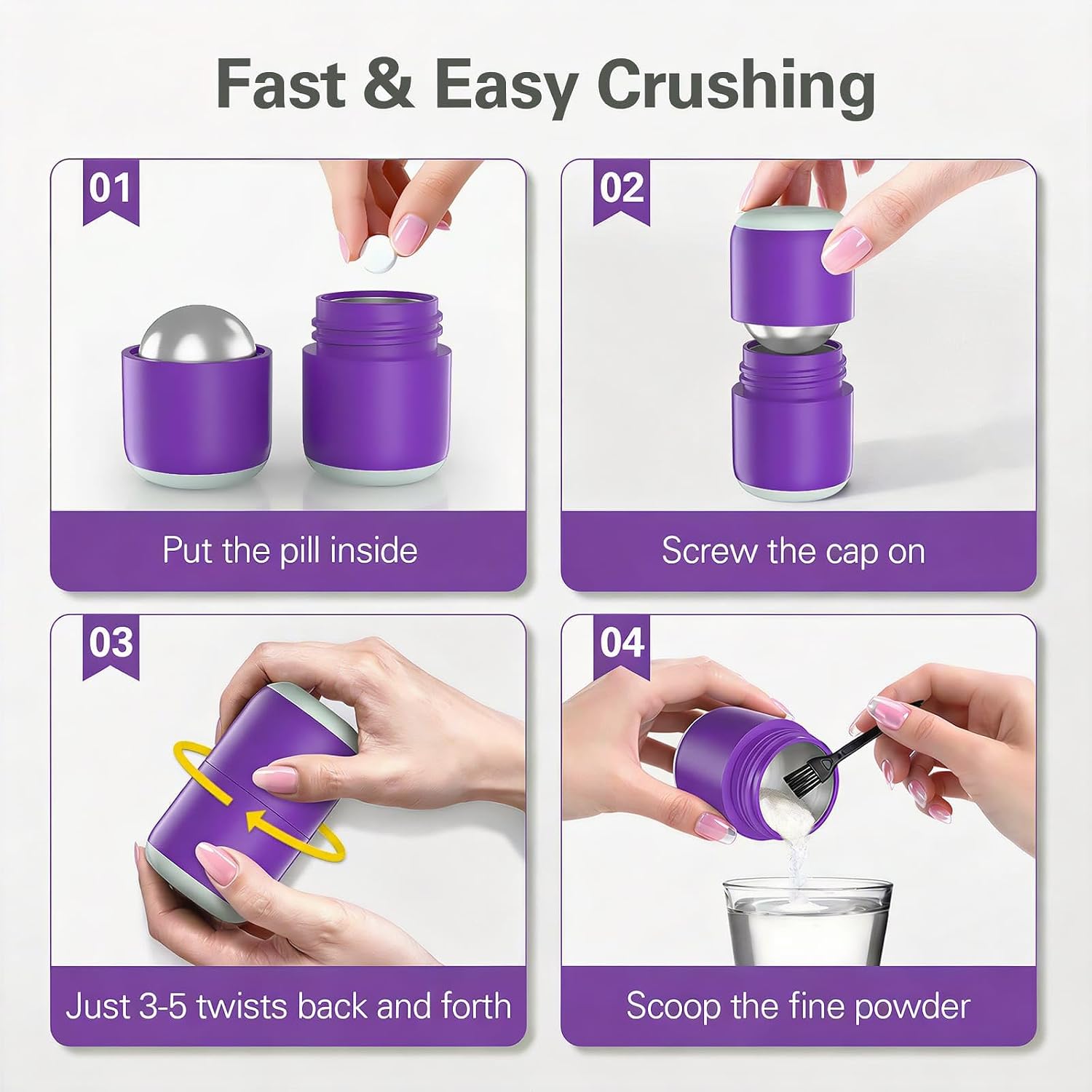 Barhon Pill Crusher Stainless Steel, Smooth Twist Pill Crusher Fine Powder, Easy to Use Pill Grinder for Elderly and Pets, with Brush, Purple