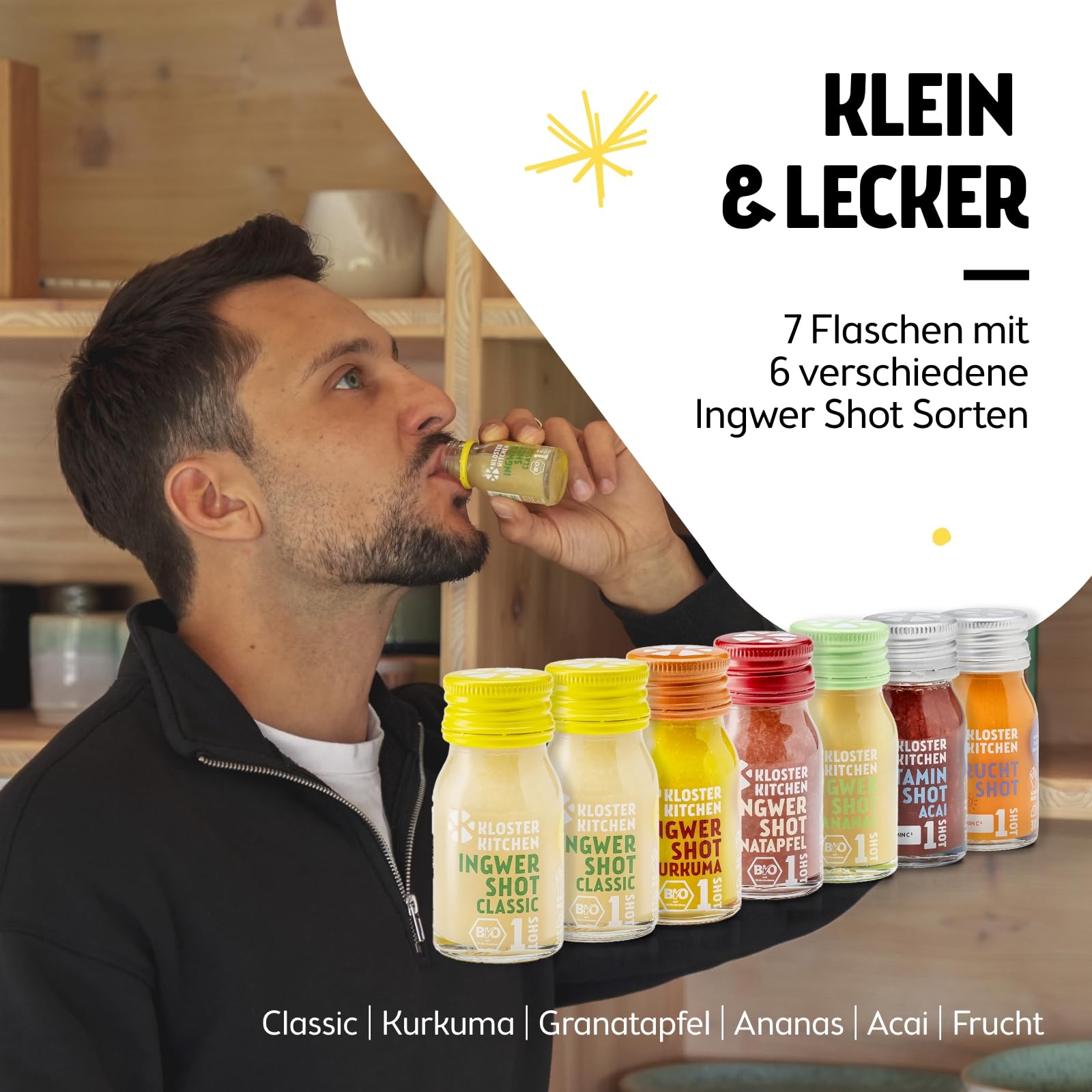 Kloster Kitchen Mezcla de jengibre orgánico 14 botellas 30 ml con trozos de jengibre vidrio vegano