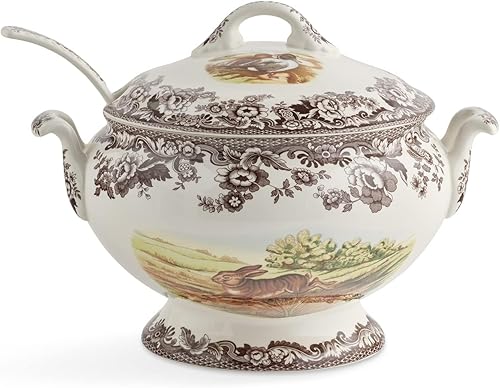 Miniatura 2 de Spode Sopera Woodland con motivos de conejo, codorniz y pintaleta, sopera cubierta de 4.25 cuartos de galón, hecha de loza fina, apta para