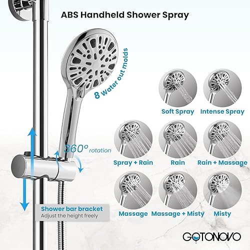 Vista 66 de gotonovo Grifo de ducha de baño, mezclador de lluvia, cabezal de ducha redondo de 8 pulgadas, mango cruzado doble con boquilla de bañera, montaje