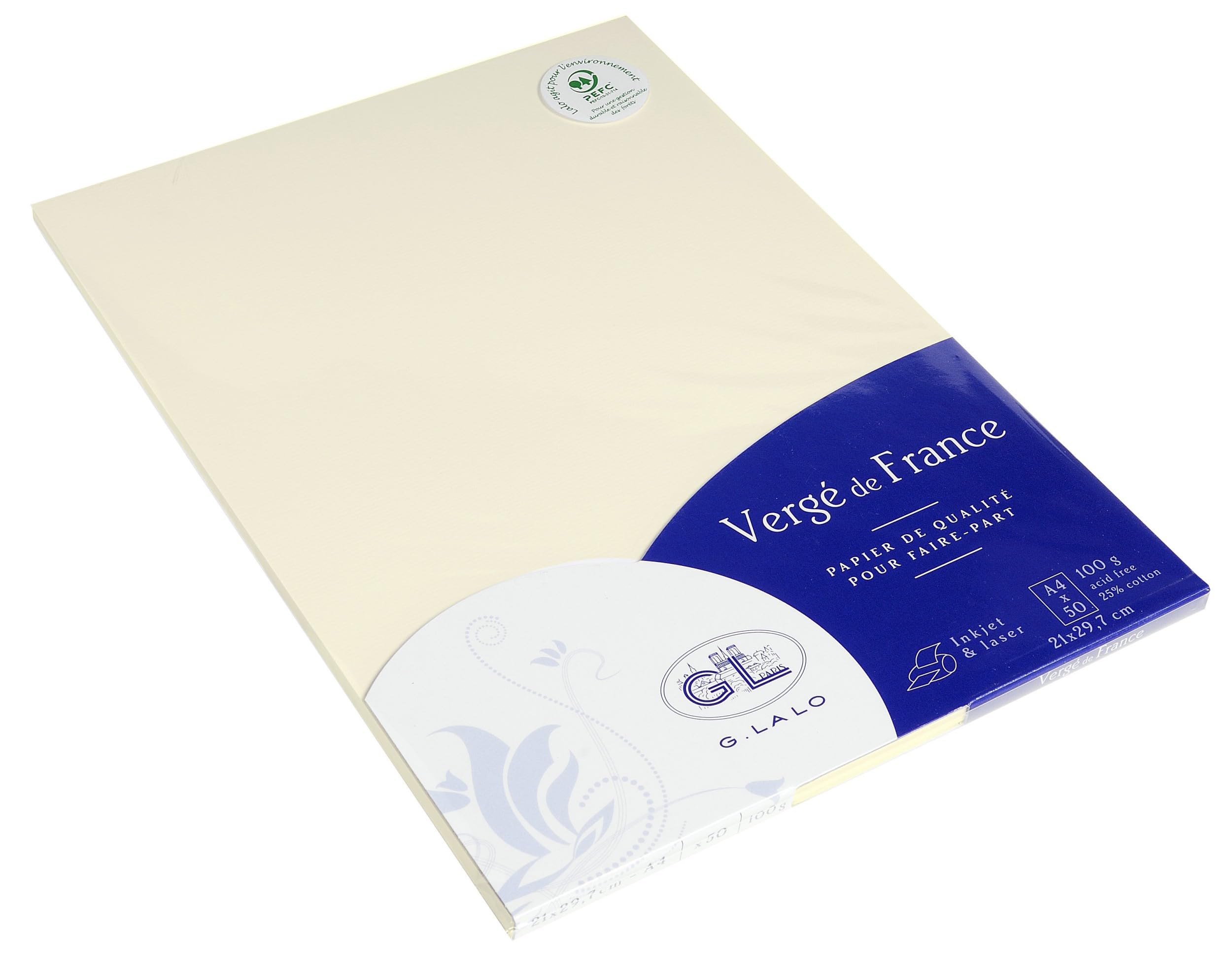 Lalo 47216L - Un paquet de 50 feuilles 21x29,7 cm 100g, Vergé de France, Ivoire