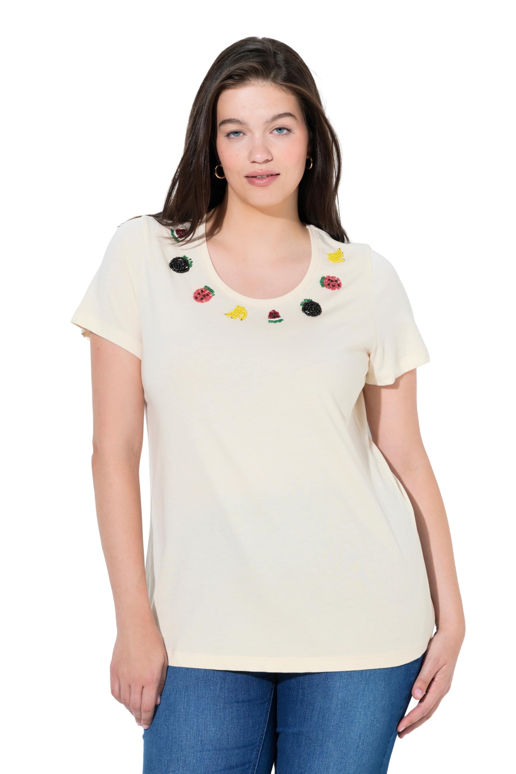 Ulla Popken Damen große Größen Übergrößen Plus Size T-Shirt, Perlenfrüchte, Rundhals, Halbarm, Biobaumwolle 847536