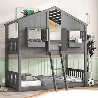 House Bunk Bed Twin Over Twin, Bed Frame with Roof, Window, Door and Full Length Guardrail Bedroom Furniture for Kids Teens Boys & Girls, No Box Spring Needed, Gray