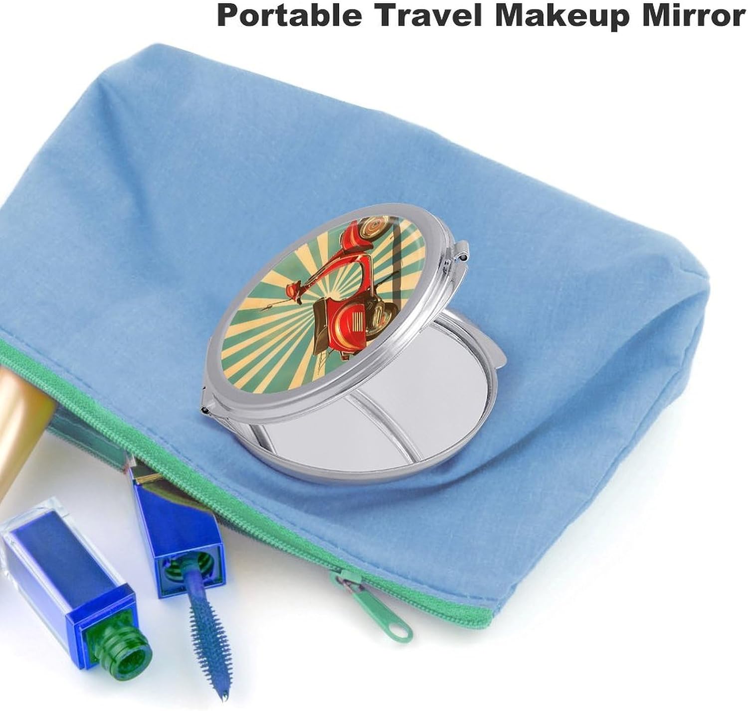 Travel Red Motorcycle Makeup Mirror Compact Pocket Vanity Mirror Double-Sided 2X /1x Magnifying Round Folding Handheld Cosmetic Beauty Mirrors for Purse Handbag image 3