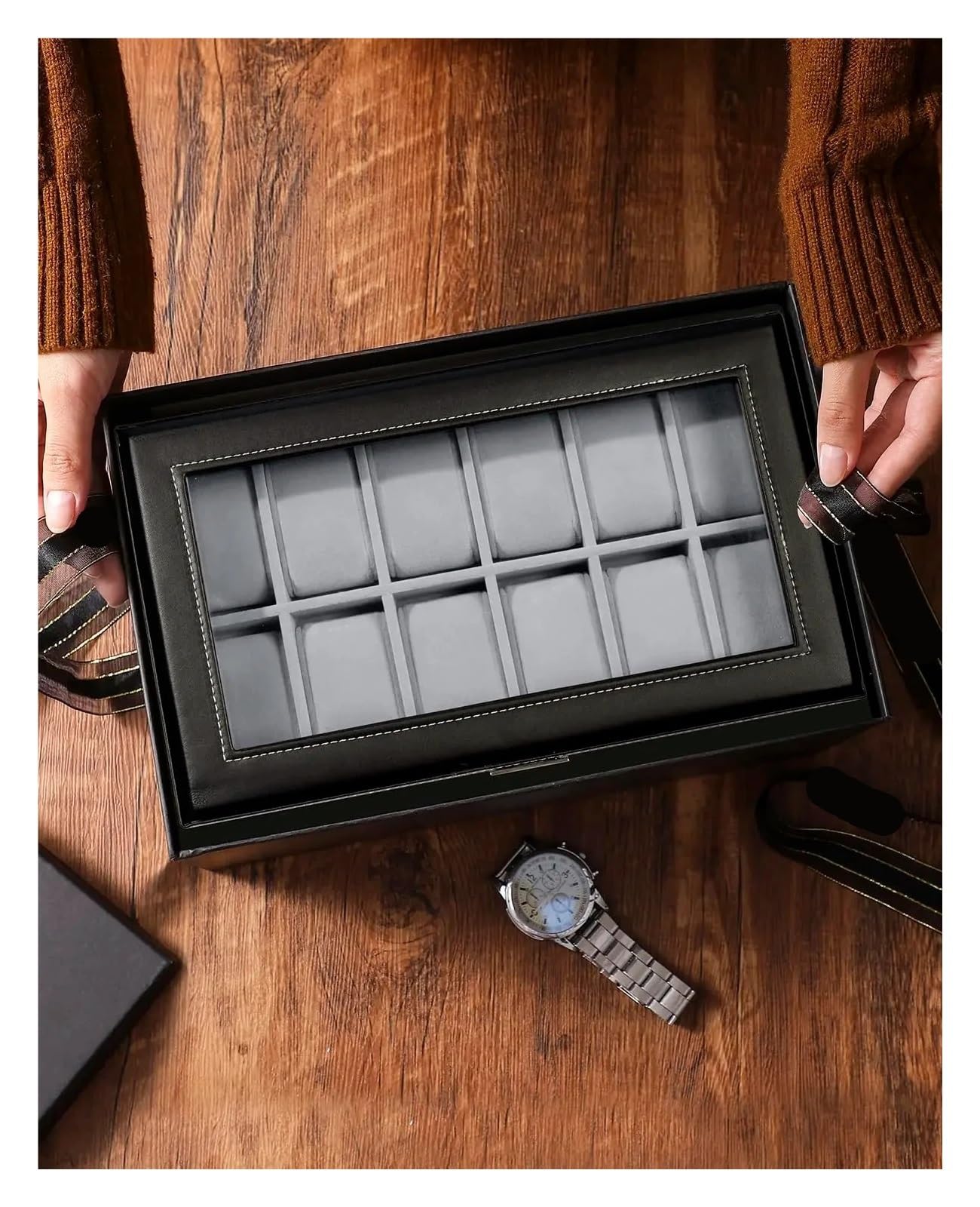 Abschließbare Aufbewahrungsboxen for Uhren mit 12 Fächern, Schmuckvitrine for Herren und Damen, 2-stufiger Organizer for zur Aufbewahrung von Uhren(Black Beige)