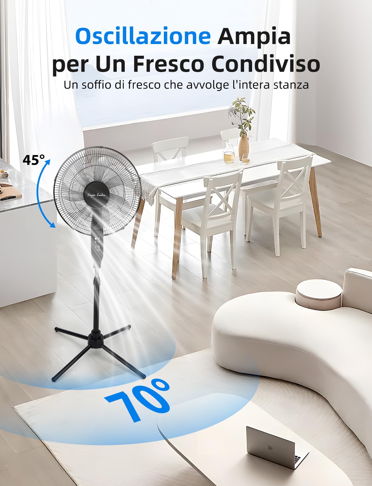 Taylor Swoden Ventilatore a Piantana con Telecomando, Potente Silenzioso, 7 Pale, Timer 9H, 3 Velocità & 3 Modalità (Normale/Naturale/Sleep), Oscillazione 70°, Altezza Regolabile, 50W, Nero