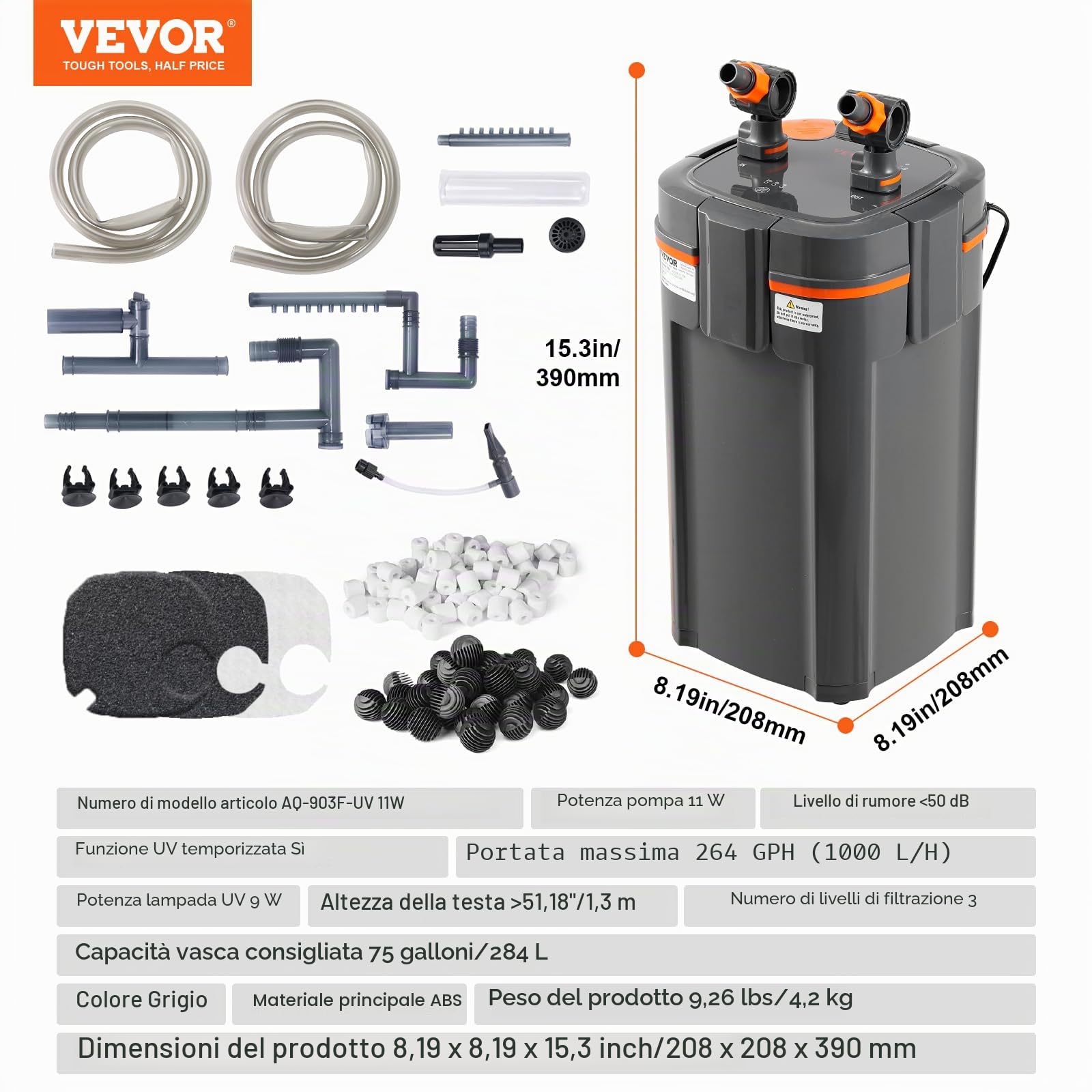 VEVOR - Filtro per acquario da 264 GPH, interno ultra silenzioso per contenitore a 3 stadi da 75 galloni, potenza sommergibile con protezione UV