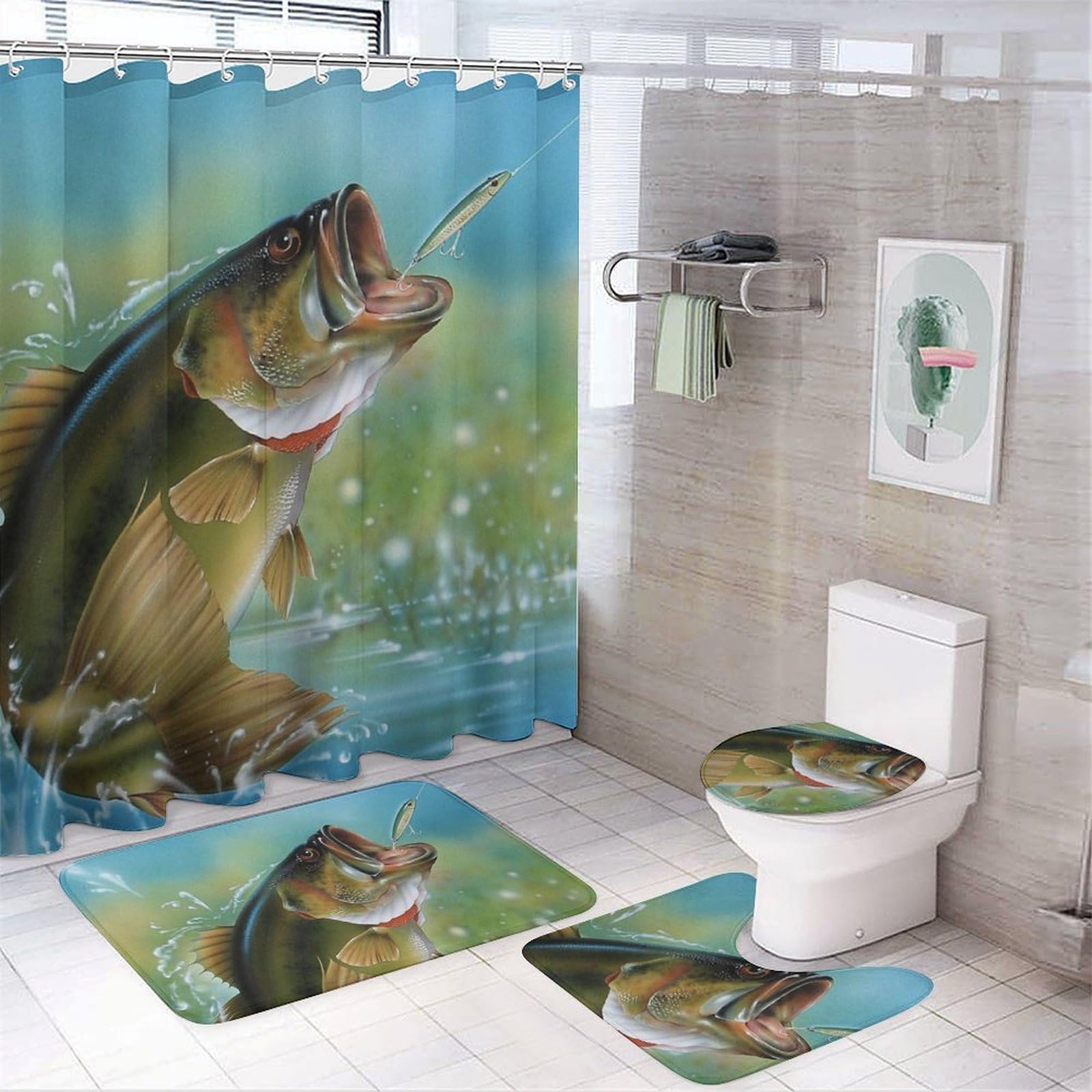CGSBNGHA Bass Fishing Shower Curtain Set 4 Piece Bathroom Sets with Rugs Toilet Lid Cover And U-Shaped Floor Mat