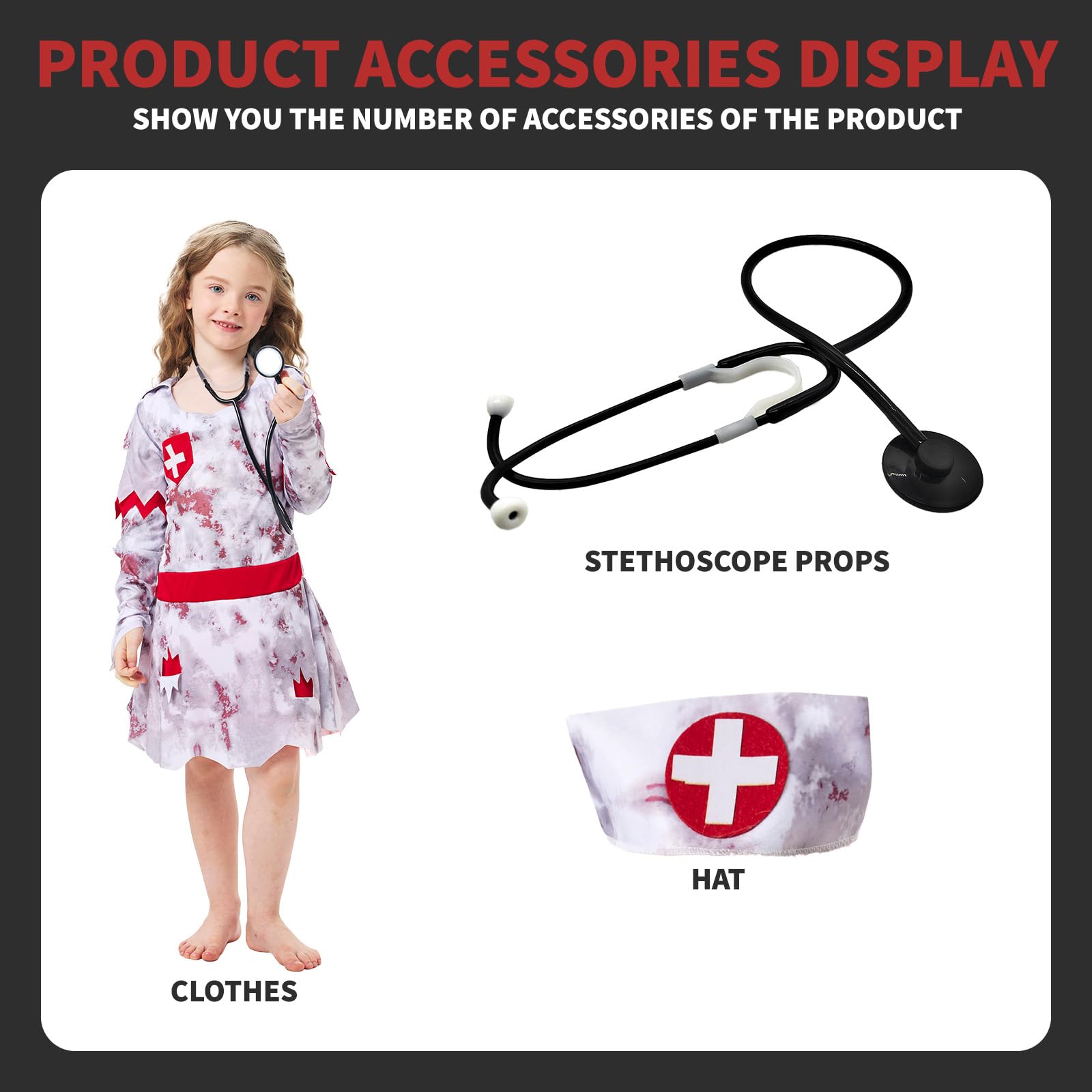 AENEY 2PCS Scary Zombie Nurse Costume Kids, Girls Bloody Dress with Stethoscope Props - Image 3