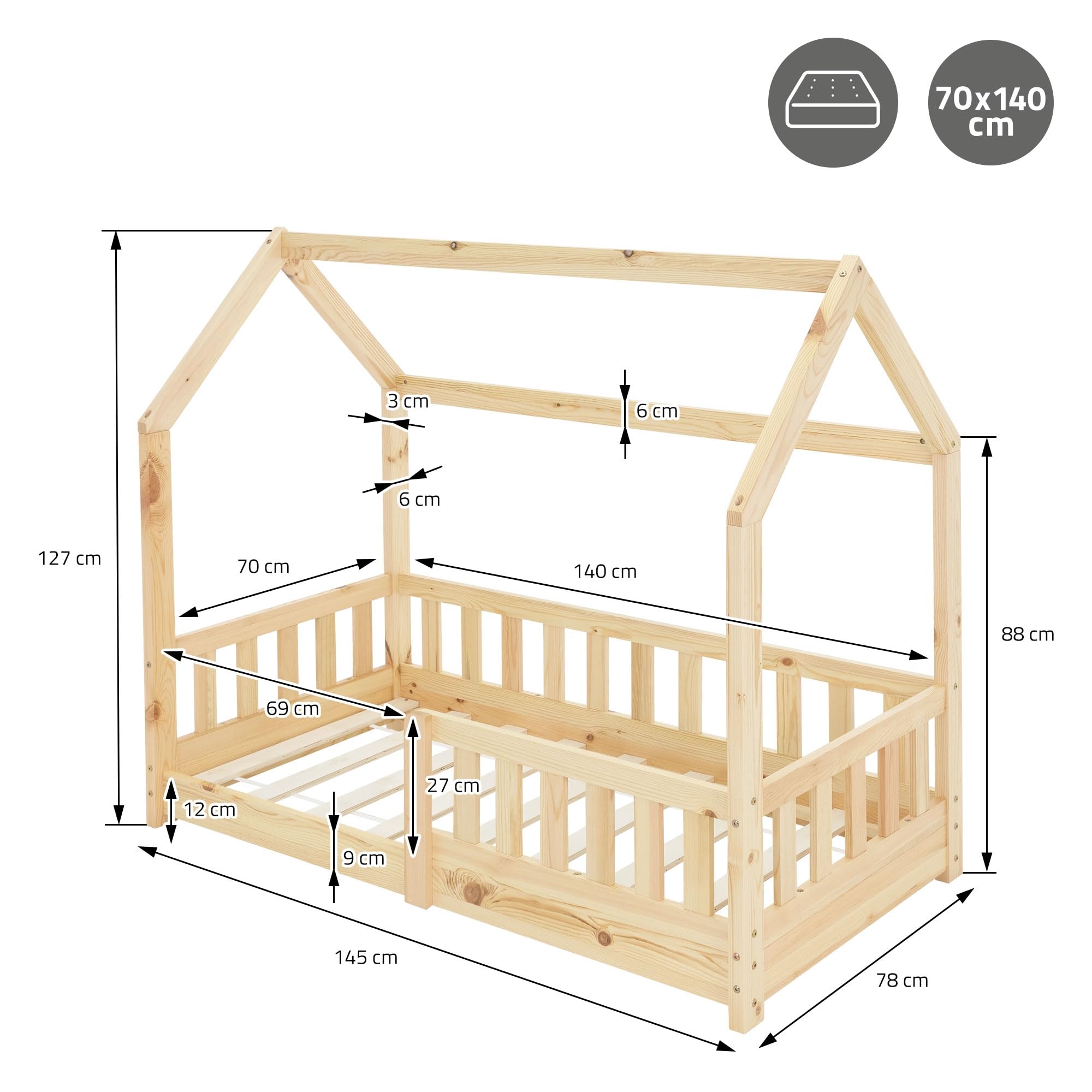 ML-Design Lit Cabane Enfant 70x140 cm Naturel en Bois Massif avec Protection Contre la Chute, Toit et Sommier à Lattes, Style Maison, Couchage Maisonnette Barrière de Sécurité pour Fille Garçon