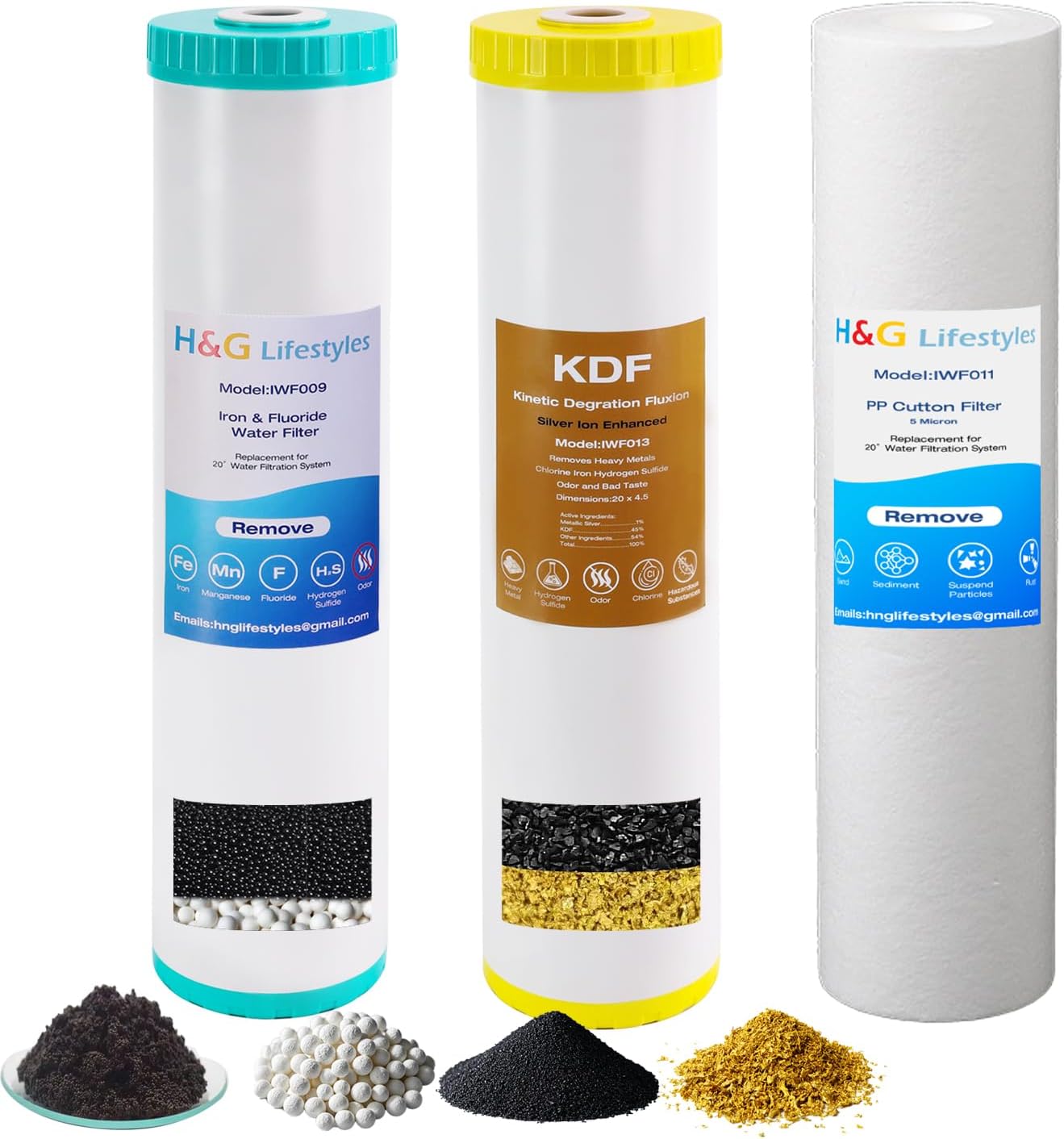 H&G Lifestyles 4.5" x 20" 3 Stage Whole House Water Filter Replacement set with Iron & Manganese Reducing Cartridges, GAC KDF, PP Cutton Cartridges,Compatible with DGD-5005-20, WGB32BM,EP20-BB,FP25B